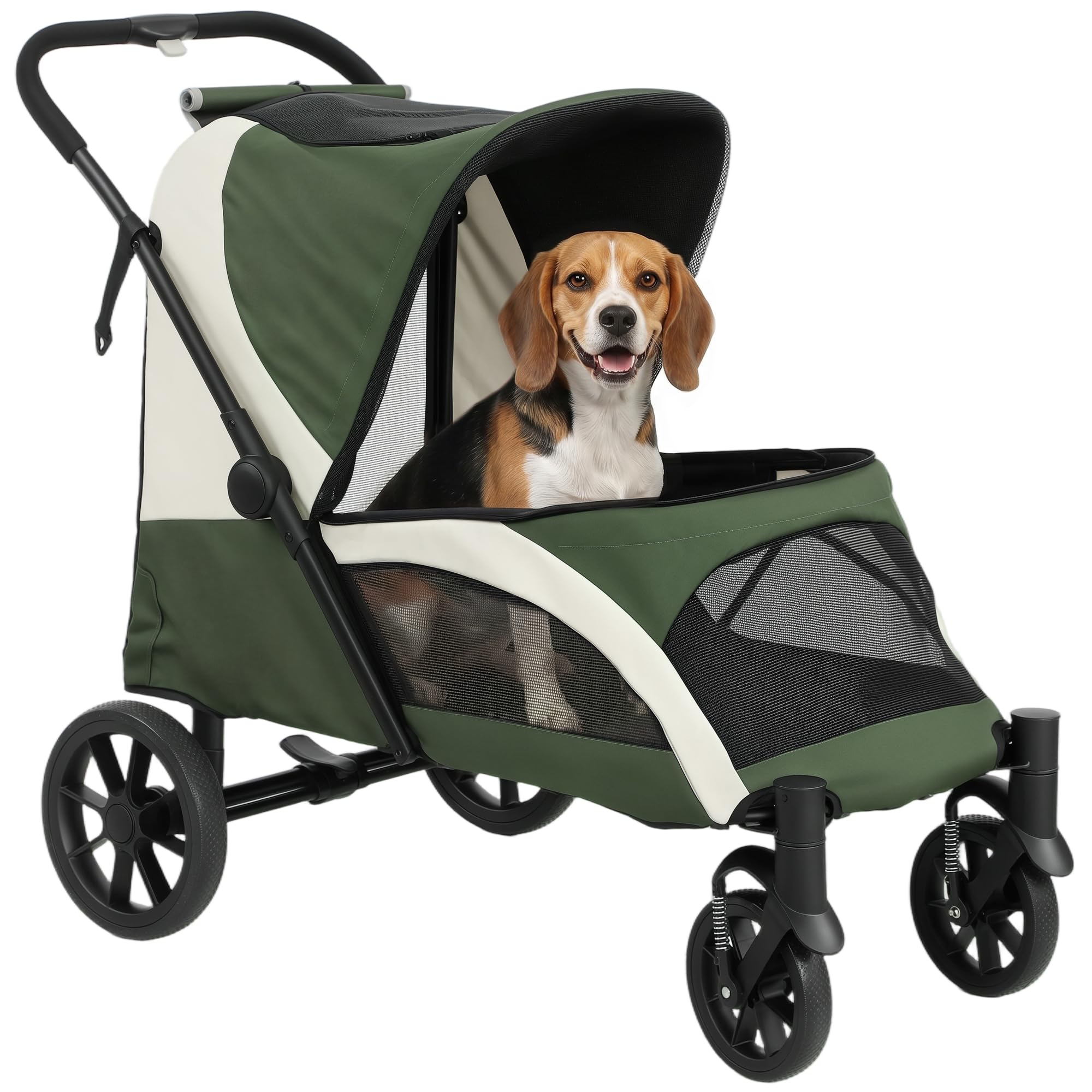 PawHut Passeggino pieghevole per cani e gatti di grossa taglia fino a 30 kg, con cuscino, finestra a rete, portaoggetti, per gatti, colore: verde scuro