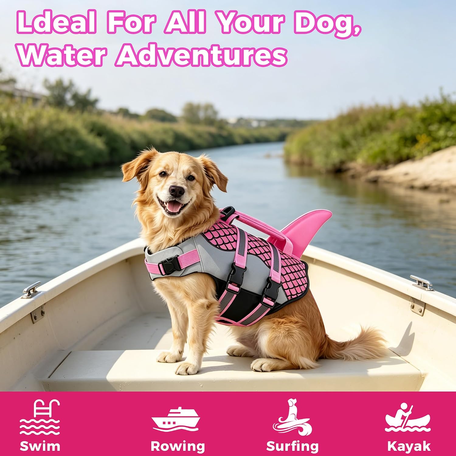Dog Life Jacket (Shark Pattern/Orange, X-Large) | Shark Pattern High Buoyancy Adjustable Swim Vest with Rescue Handle,D-Ring&Reflective Strips for Boating Swimming Beach