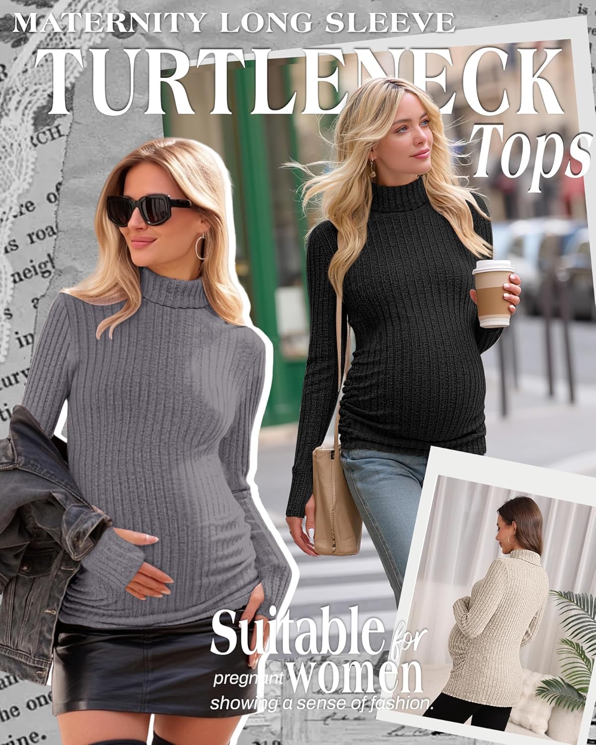 3 Pack Maternity T-Shirts Pregnancy Tops Women Sweater Long Sleeve Turtleneck Ribbed Finger Sleeve Outfits - Image 3