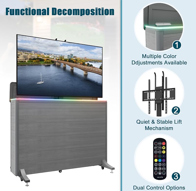 High-Grade Wood-Plastic Composite Outdoor TV Lift Cabinet, Mobile TV Stand on Wheels, Weatherproof Motorized TV Lift Stand, Hidden TV Enclosure for 32-65 Inch Flat Screen TVs image 3