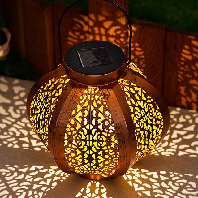 GloBrite Moroccan Solar Lanterns Outdoor Waterproof Garden Solar Lights - Metal Art Solar Lamp Garden Lights for Porch Patio Yard Porch Garden Accessories (Copper)