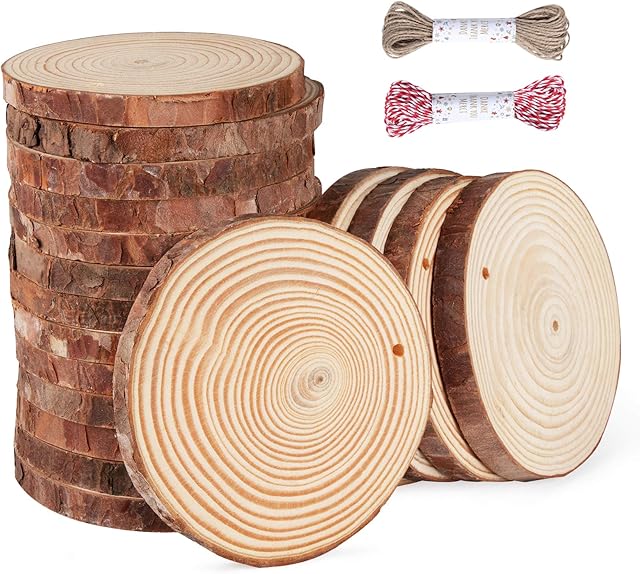 Wood Slices 9-10 cm Drilled Hole Unfinished Wooden Circle 28Pcs Natural Log Slices with Jute Twine String for for Arts & Crafts, DIY, Coasters, Decorations, Christmas Ornaments