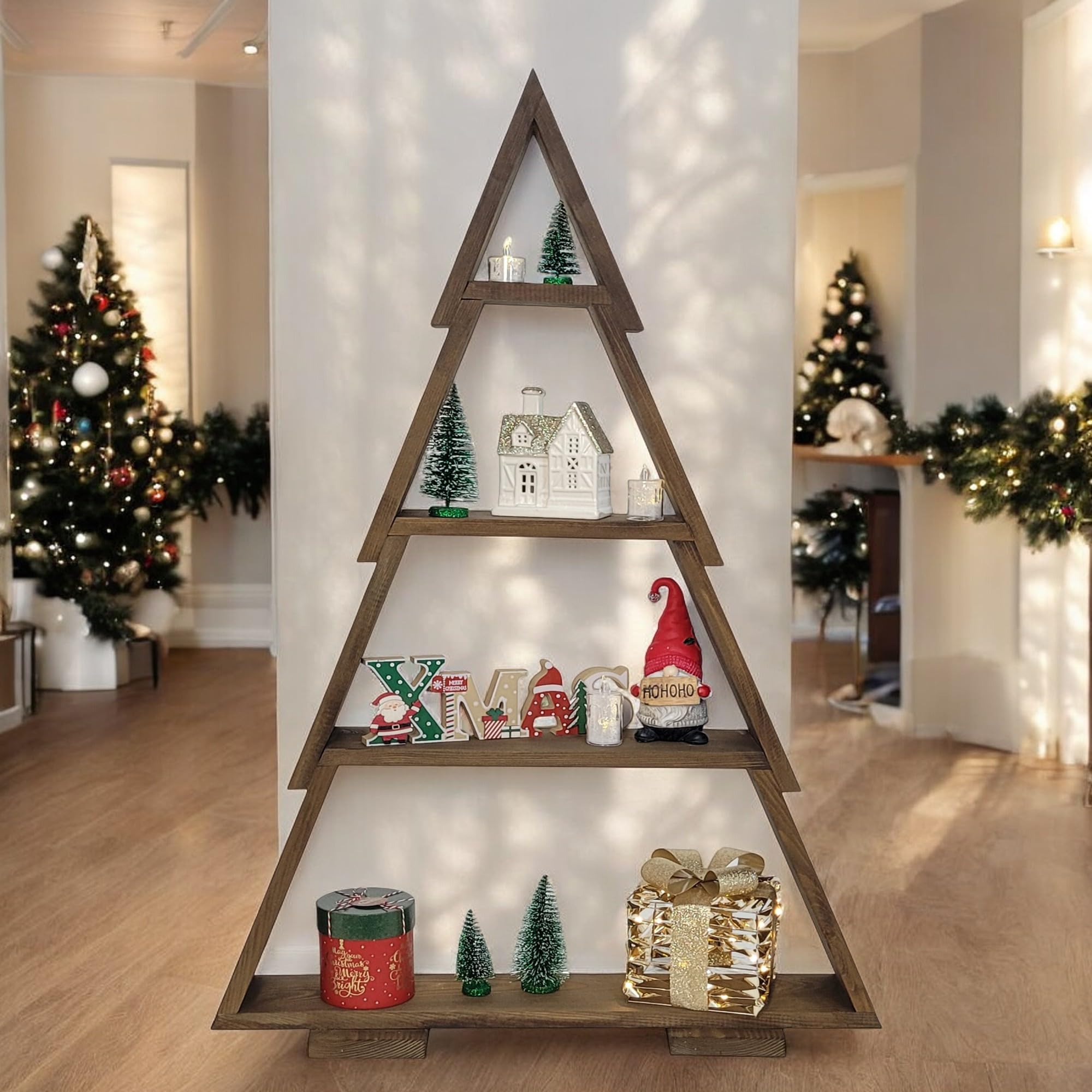 Weeco Árbol de Navidad de Madera XXL 110 x 67 cm Con 4 Estantes para Adornos - Decoración Hecha a Mano por Fuera y por Dentro - Figura Marrón Oscuro Wengué