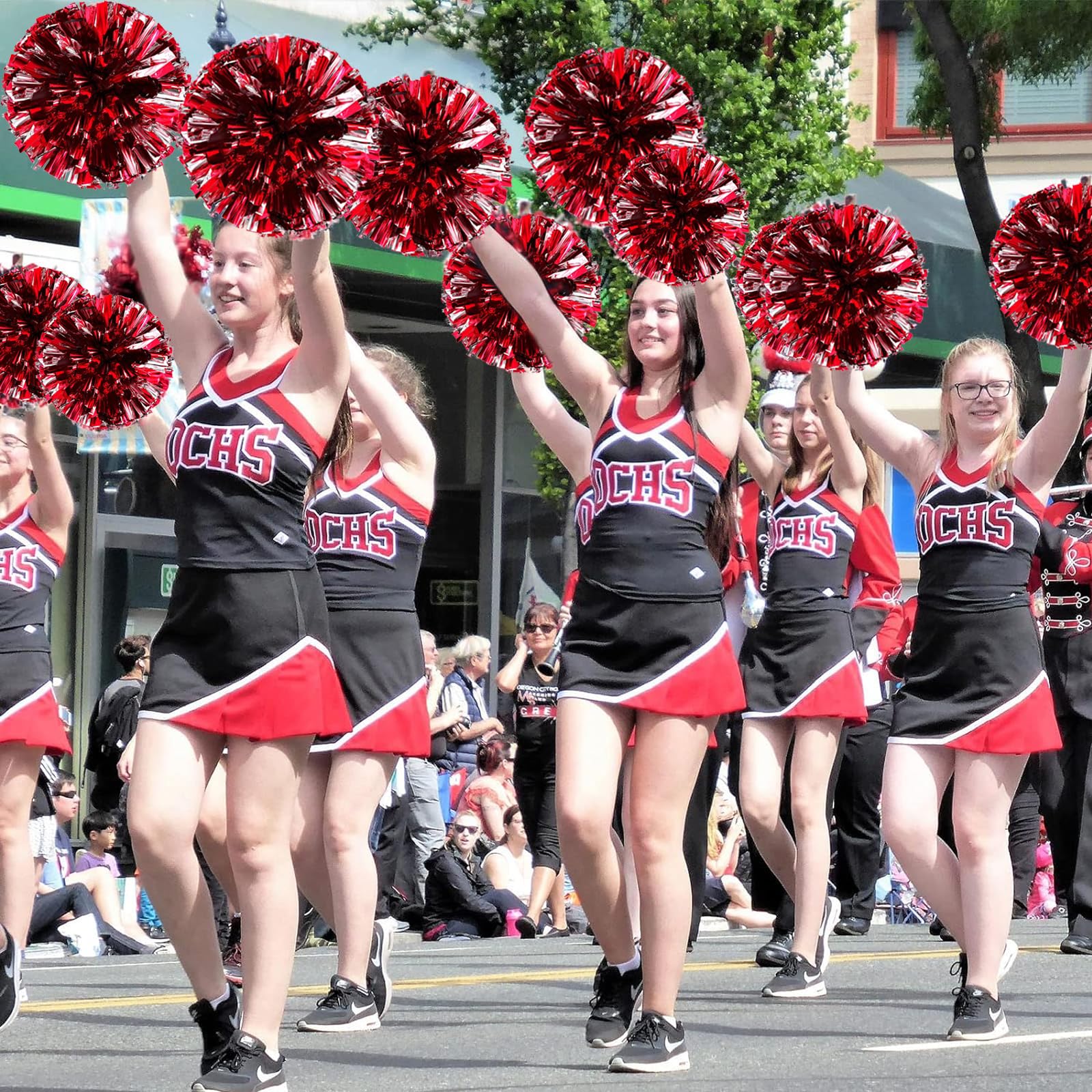 MYLERCT 2 Pompons Cheerleading Rouge Métallique - Pompons Danse Avec Boucle Anneau Pour Sports Et Fêtes