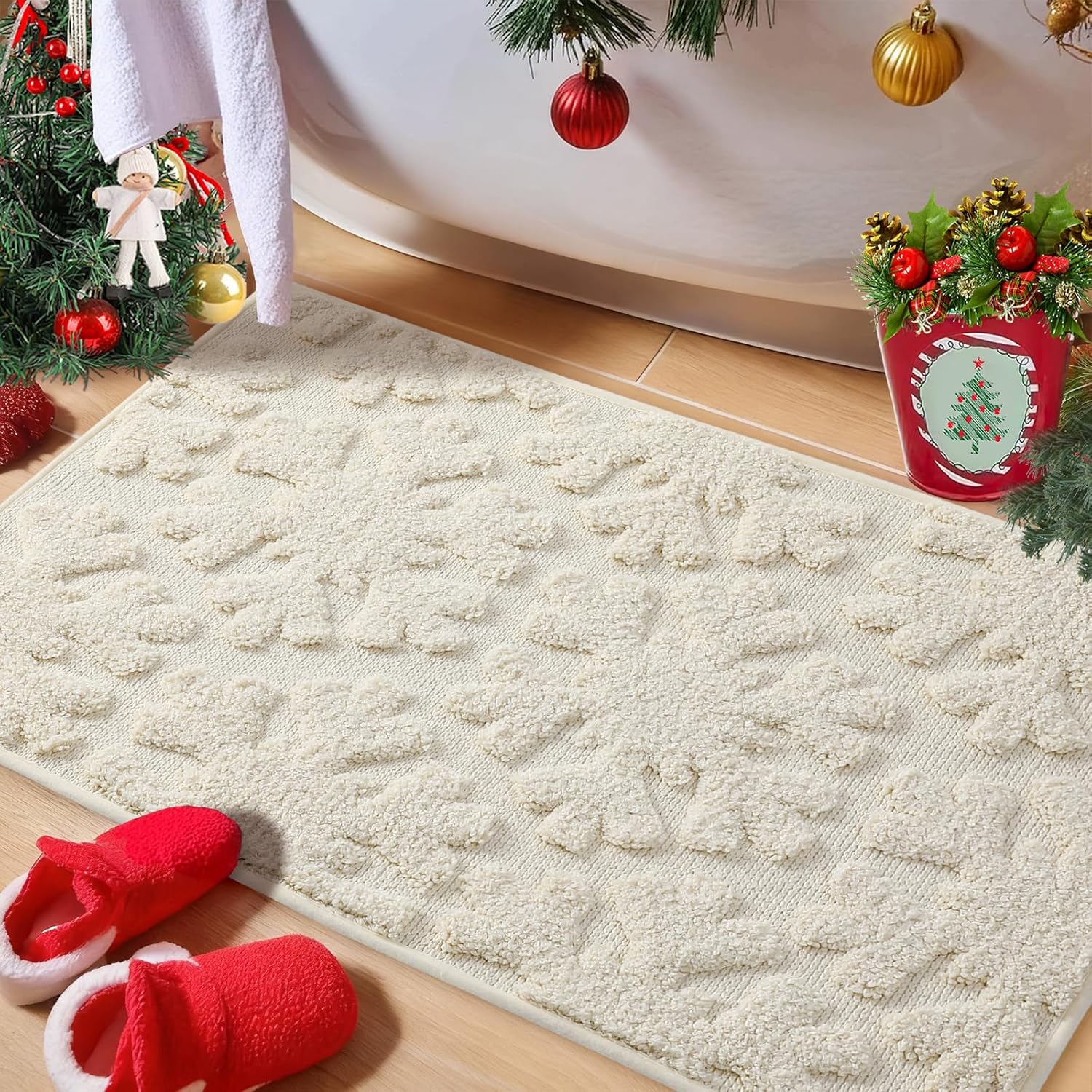 Luxury Cream Beige Winter Snowflake Bathroom Mat, 20"x32" Extra Soft and Absorbent Microfiber Bath Rug, Non-Slip TPR Back, Plush Shaggy Bath Carpet for Floor
