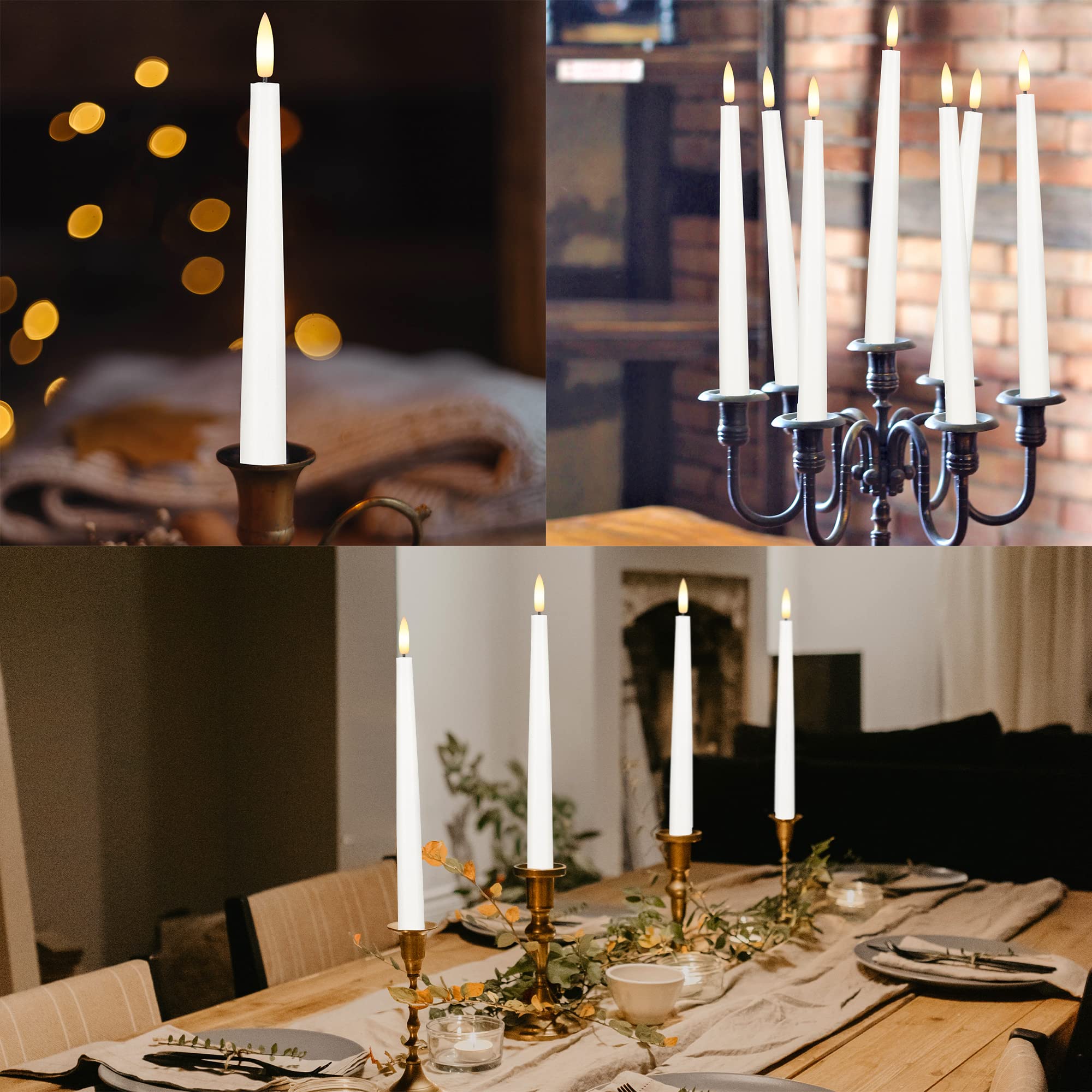 Candele coniche senza fiamma con stoppino 3D, candele LED in vera cera da 29 cm, con telecomando e timer, confezione da 3 candele tremolanti a batteria (bianco)
