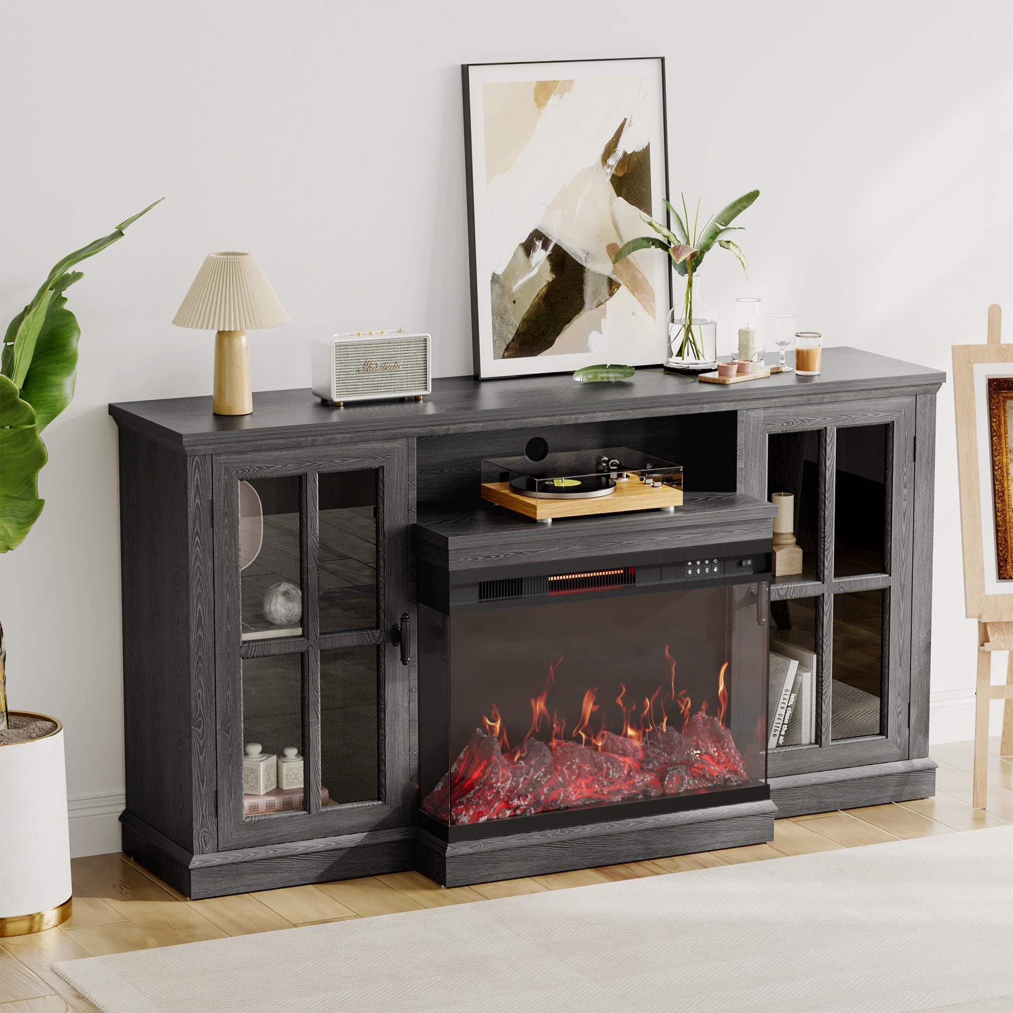 Furniwell Electric Fireplace TV Stand for TVs up to 65’’, Farmhouse Media Entertainment Center with 3-Sided Glass Fireplace, TV Console with Door Storage Cabinet for Living Room (Black)