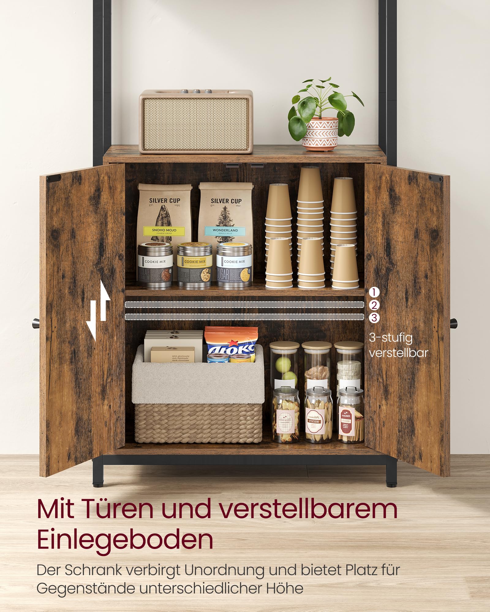 VASAGLE Bücherregal 6 Ebenen Standregal mit Türen Metallrahmen verstellbare Ablagen 24 x 60 x 159,5 cm vintagebraun-tintenschwarz