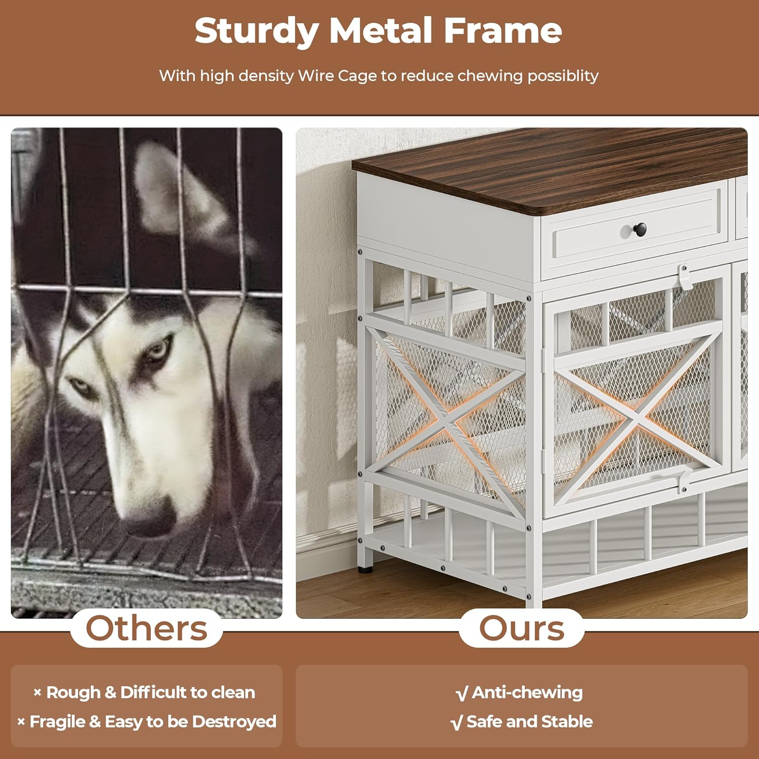 Comparison image showing a standard wire crate with a dog attempting to chew through versus the IRONCK crate's sturdy metal frame, highlighting its anti-chewing design.