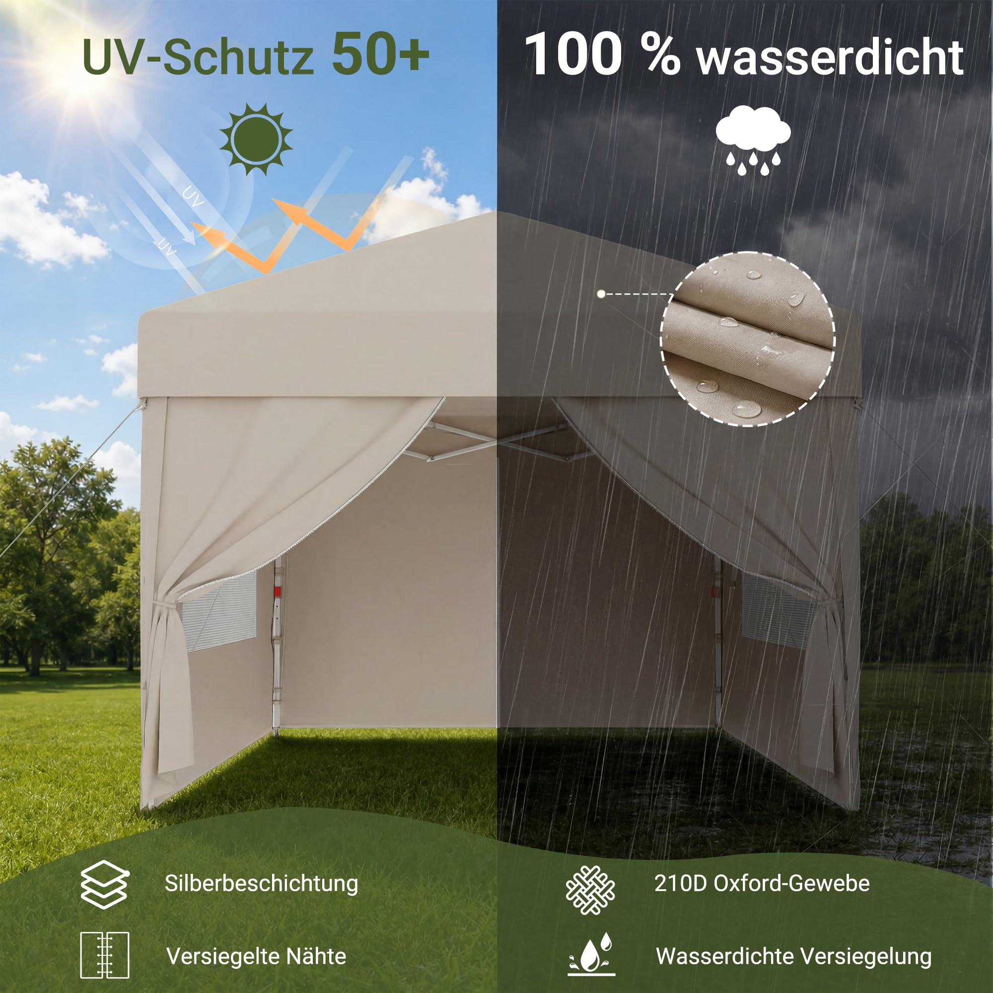 JUMMICO 3x3m Faltpavillon mit Insektenschutz & Belüftung｜Rollos + Lüftungsfenster｜1-Minuten Schnellaufbau｜10cm höhere Dachfläche,Beige