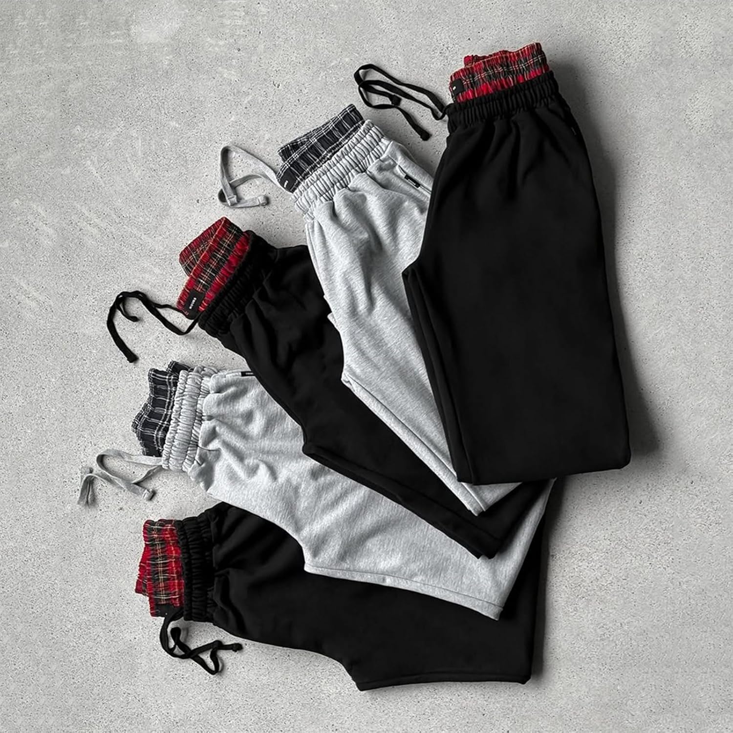 Double Waisted Sweatpants Men Y2K Plaid Double Waist Sweats Elastic Waisted Drawstring Baggy Loungewear Sweatpants
