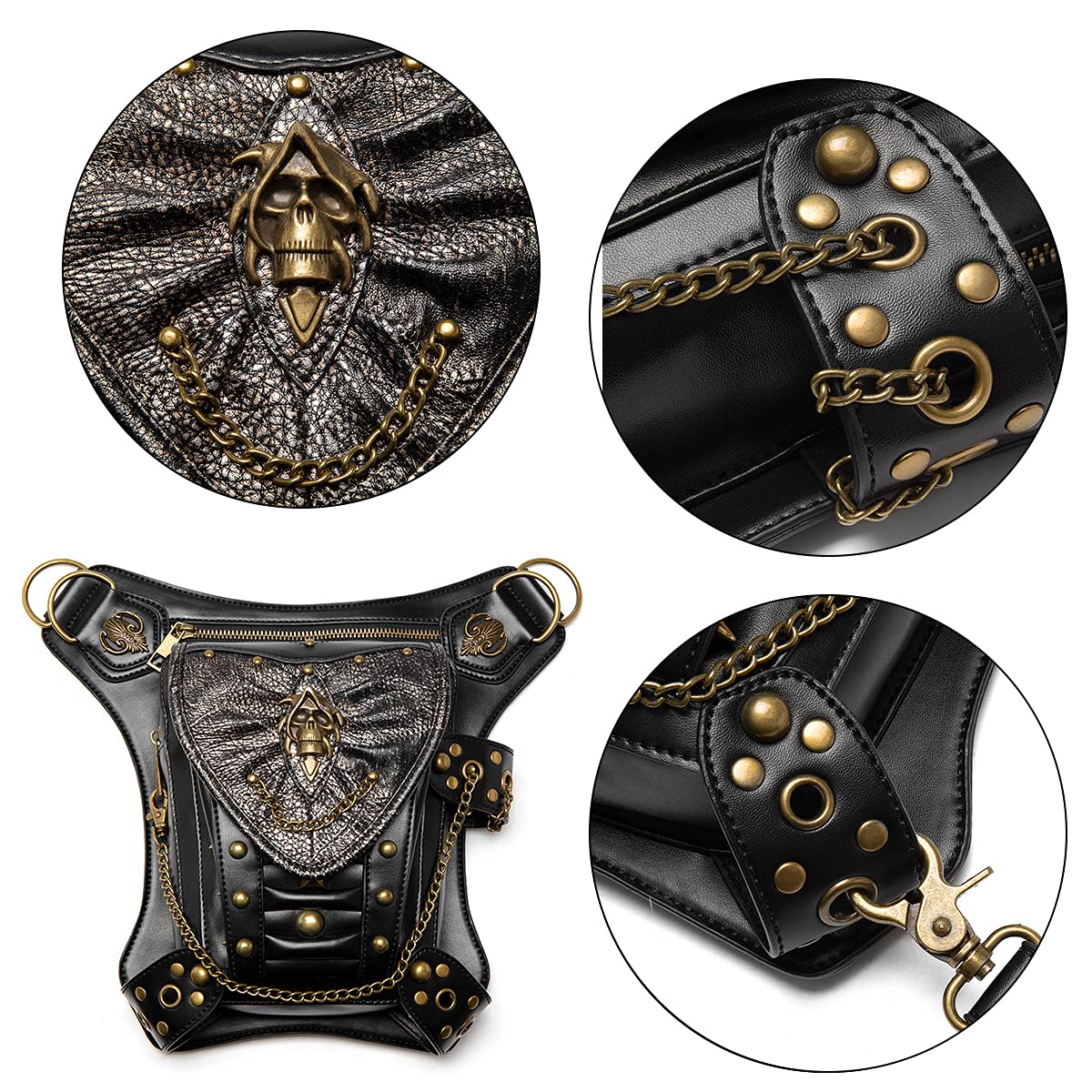 Steampunk nerka skórzana nerka torba na nogę motocykl ramię crossbody torebka biodrowa kabura pasek torebka podróżna wędrówki sport, Złoty, Jeden rozmiar