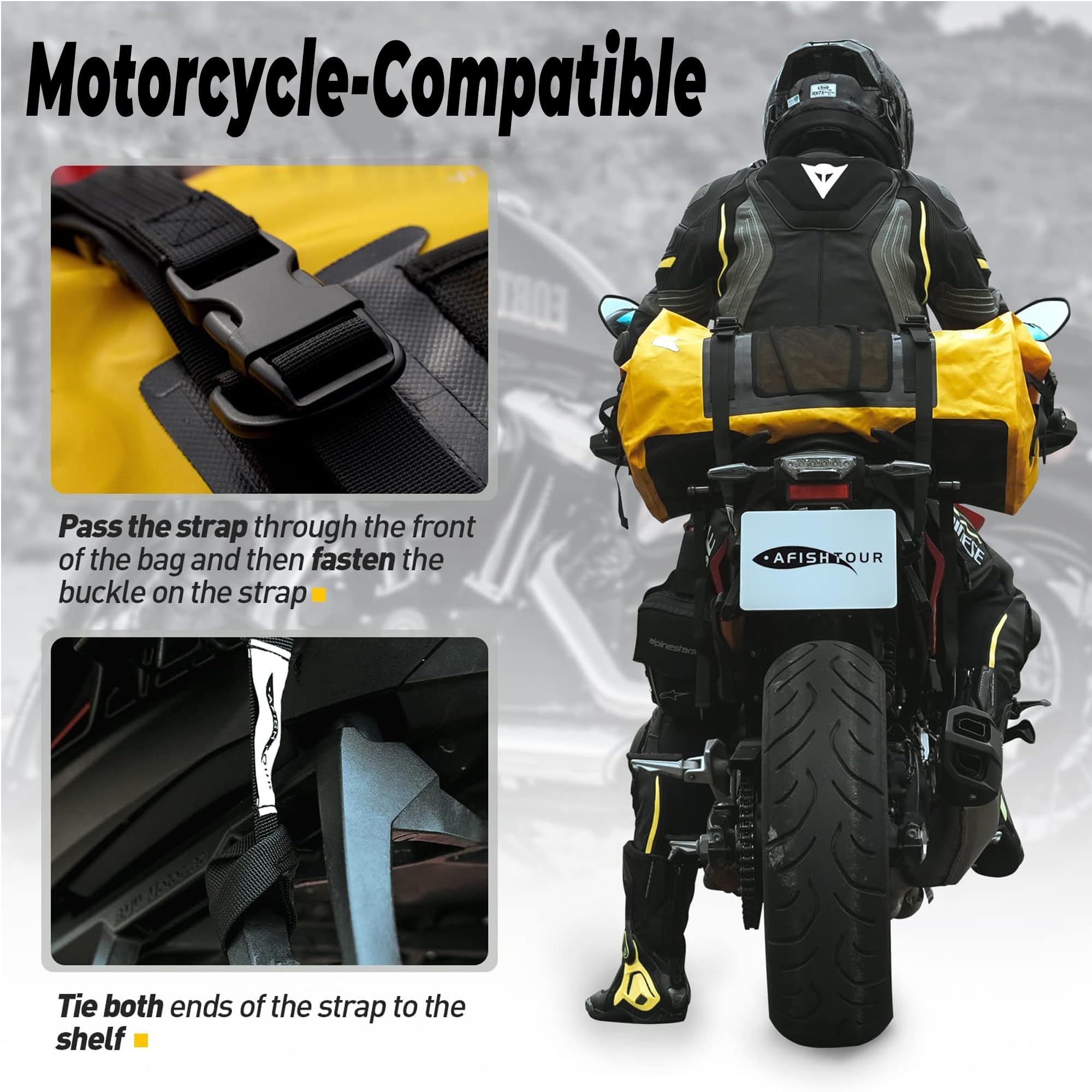 65L wasserdichte Duffelbag für Damen und Herren – Große Motorrad-Reisetasche mit Gurten für den Rücksitz – Rollverschluss-Drybag für Kajak, Rafting, Bootfahren, Schwimmen, Strand (Gelb)