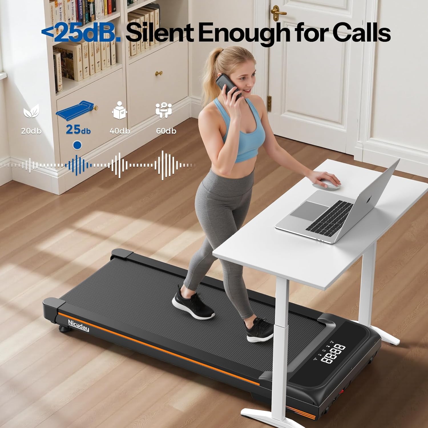 Niceday Walking Pad Treadmill with 10% Auto Incline, 400lbs Weight Capacity, Under Desk Treadmill for Home Office, 3HP Brushless Ultra-Quiet, Orange