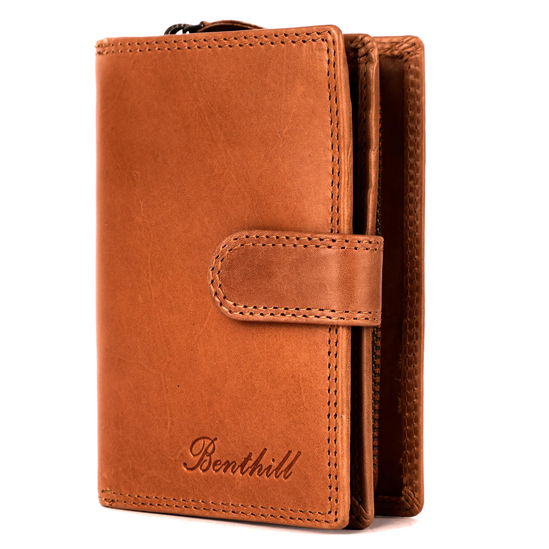 Benthill Portafoglio Donna Vera pelle | Portamoneta piccolo con protezione RFID | Portafoglio con 8 scomparti per carte e tasca per monete con confezione regalo, color:Marrone