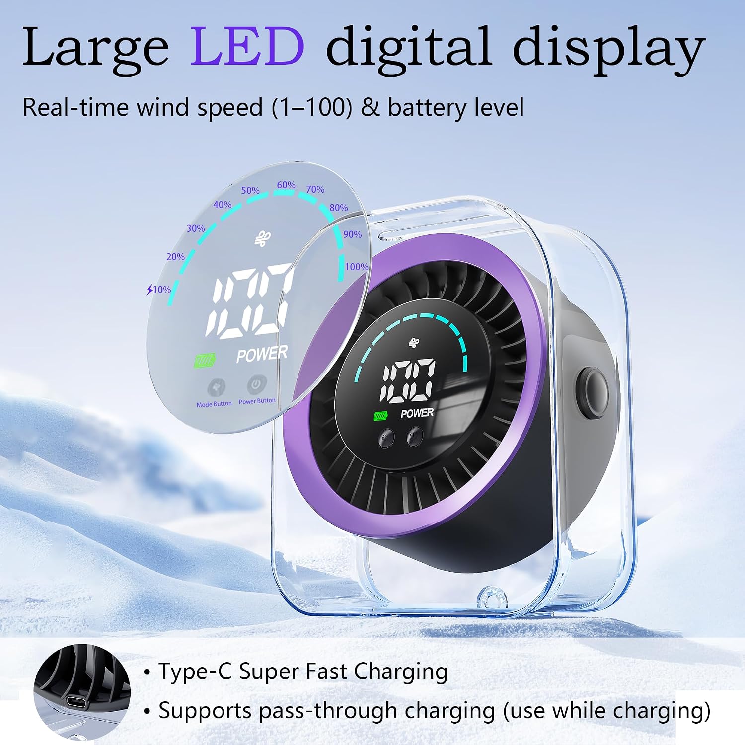 Desk Fan 100-Speed, 3000mAh Rechargeable Fan, LED Display, Ultra-Quiet 30dB, 7-Blade Motor, Wall Mount, Type-C, Portable Fan for Bedroom Office Kitchen Camping (Purple)