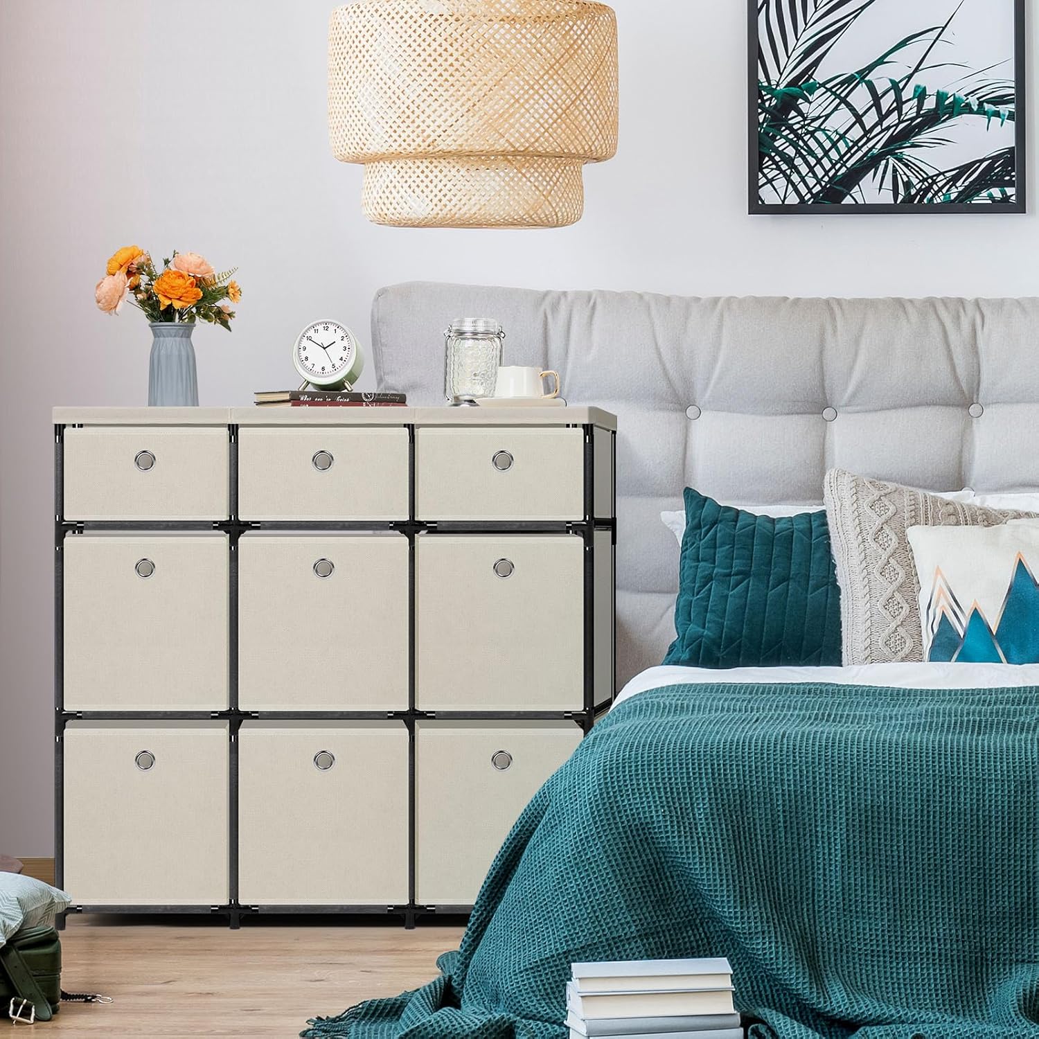 HAITRAL 9 Cube Storage Organizer, Fabric Storage Chest Drawers Organizer Unit for Closet, Easy Assembly Clothes Closet Dresser for Bedroom,Dorm,Hallway, Storage Bins (White)