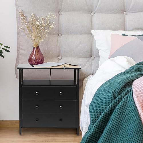 Miniatura 7 de 3 Wooden Drawers Night Stand, 27 Inch Wide Nightstand with Charging Station and Adjustable Drawers, Small Dresser for Closet, Bedside Table for