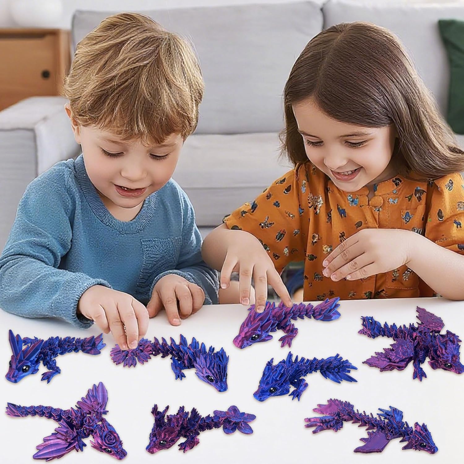 8 Pcs 3D Printed Fidget Dragons with Eyes Toy Set, Small 3D Prints Animal Models for Executive Home Office, Cute Mini Stress Relief 3-d Printer Animals Toys Decor for Adults Kids(B)