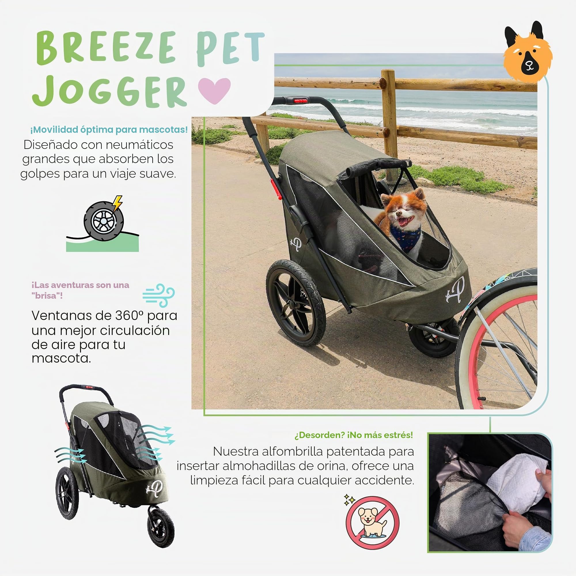 Petique Breeze Remolque para Bicicleta y Carrito de Mascotas | Se Pliega con Una Mano | Colchón, Freno Doble, Ruedas Aire 16"/8.5", Adaptador Bicicleta, Reflectores, 30kg Carga