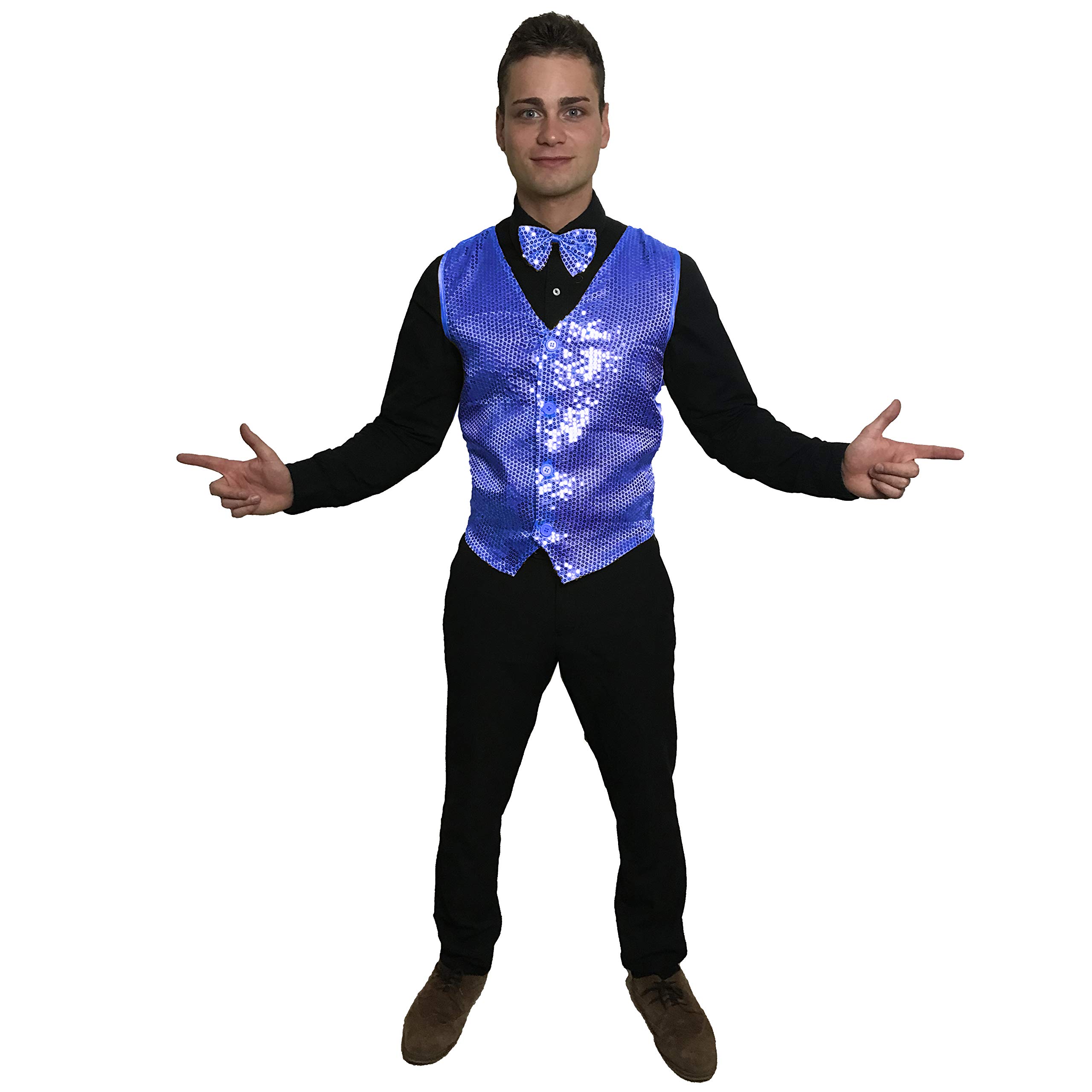 SoWest Men’s Gold Sequin Waistcoat & Bow Tie Set – Shiny Showbiz Fancy Dress Costume Vest for Party, Festival, Disco & Carnival Events | Adult Sparkly Dress-Up Outfit, Blue - L