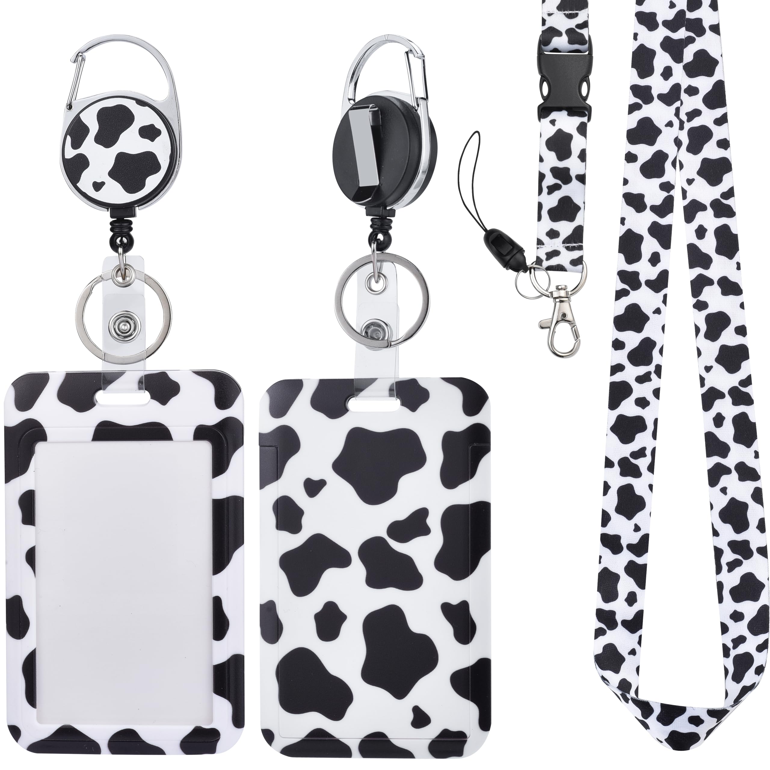 Will Well ID Badge Holder with Retractable Lanyard, Retractable Badge Reel Nylon Lanyard & Vertical ID Card Holder with 1 Card Slot Key Chain for Men & Women - Cow Print