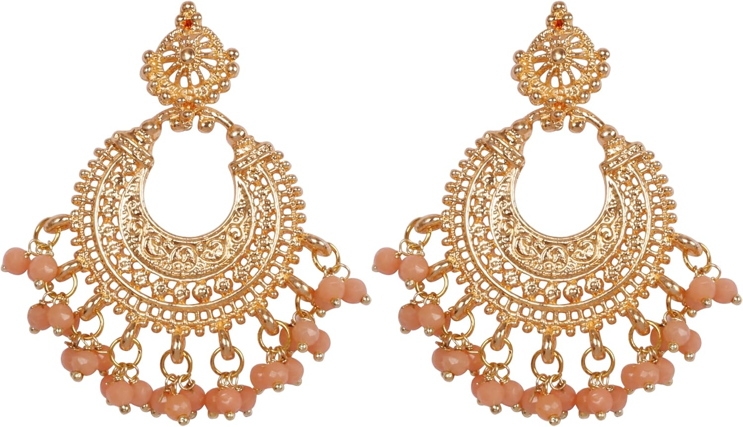 Touchstone NEW! Indian Bollywood Fresh Trends Handcrafted Mughal Era Inspired Mesh Work Moon Chaand Motif Peach Color Beads Designer Jewelry Dangling Earrings In Gold Tone For Women.