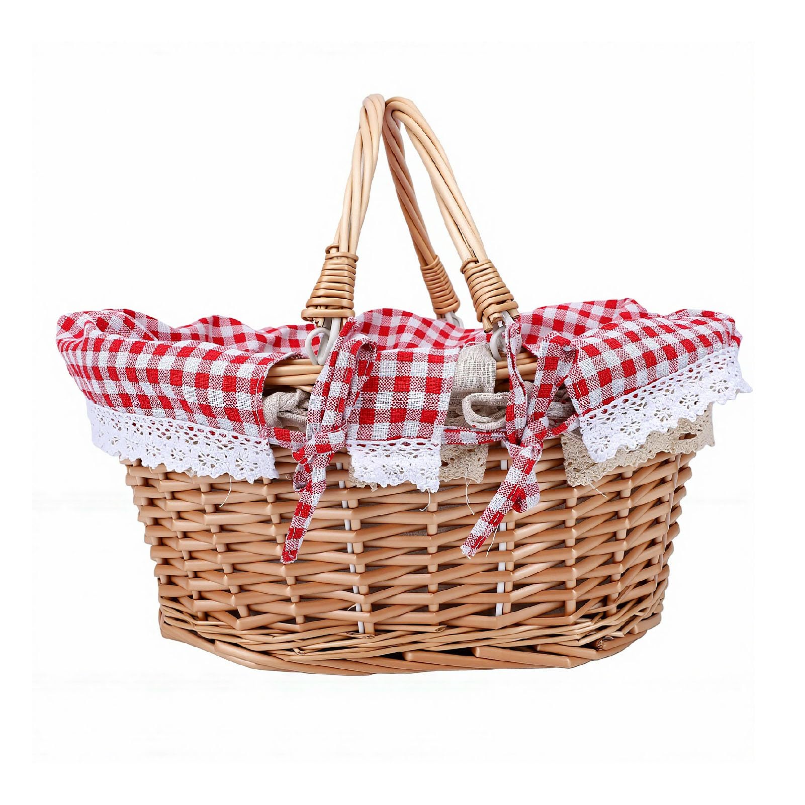Tosuny Cestino da Picnic in Vimini, Cesto da Picnic Ovale Intrecciato con Doppi Manici Pieghevoli, Fodera Staccabile, Grande Cestino Vintage per Campeggio all'aperto (Griglia Rossa)