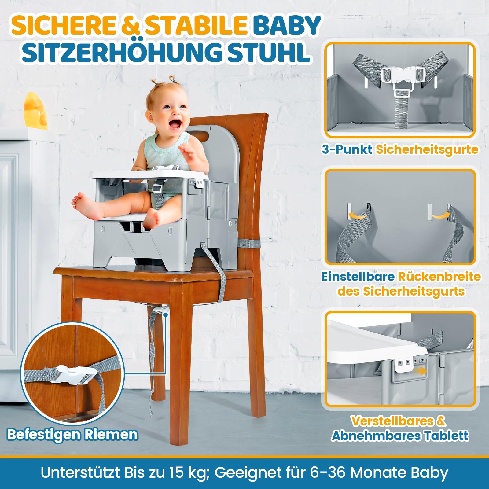 Orzbow Faltbare Sitzerhöhung Stuhl Kind,Stabile Reisehochstuhl Baby mit Abnehmbarem Tablett,ABS Material und Stabile Struktur,Tragbare Kind Campingstuhl für Kinder von 6 Monaten bis 3 Jahren 15kg,Grau