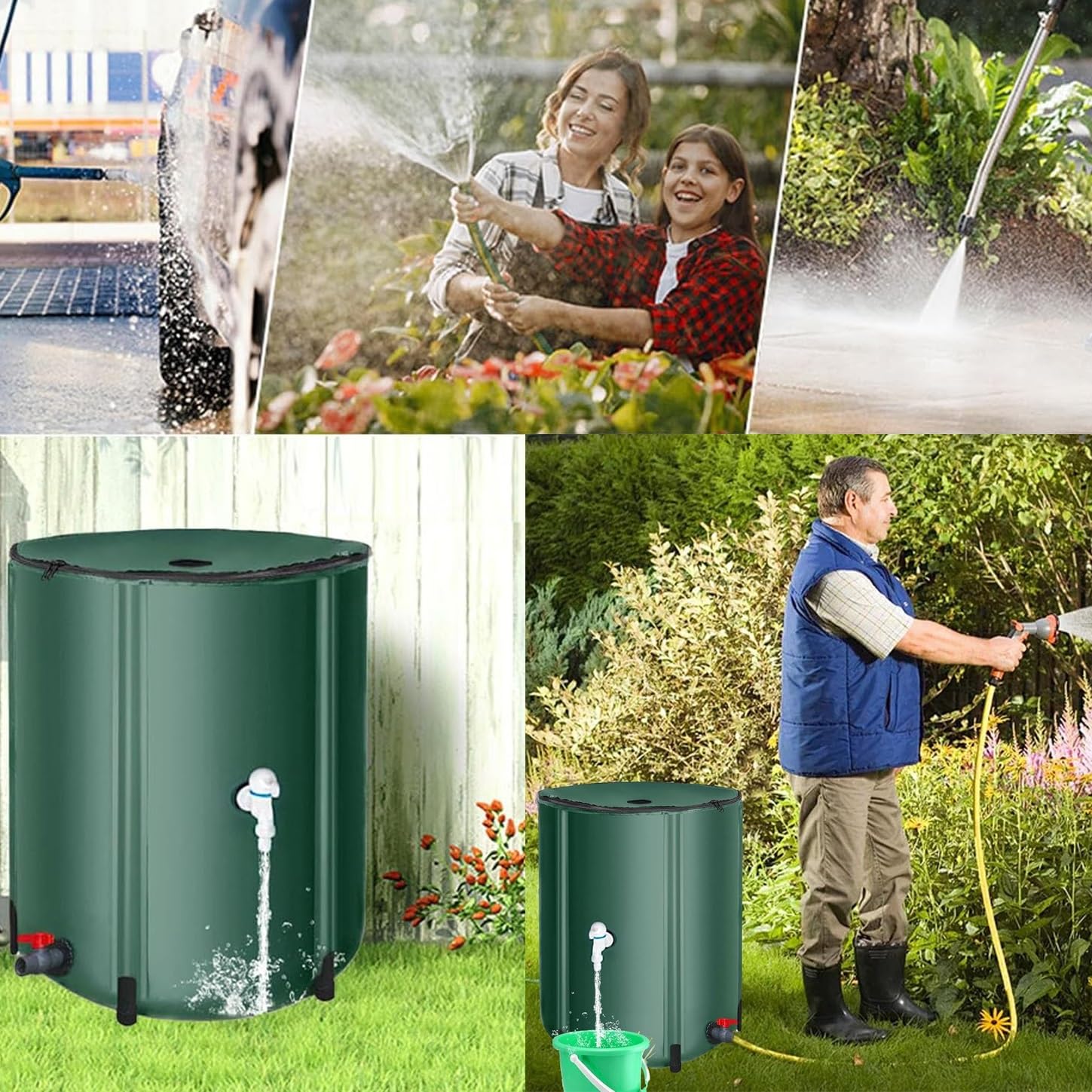 Sistema de almacenamiento de agua de barril de lluvia plegable, colector de agua de lluvia portátil con soporte, grifo, malla superior y cubierta de cremallera para un riego eficiente del jardín