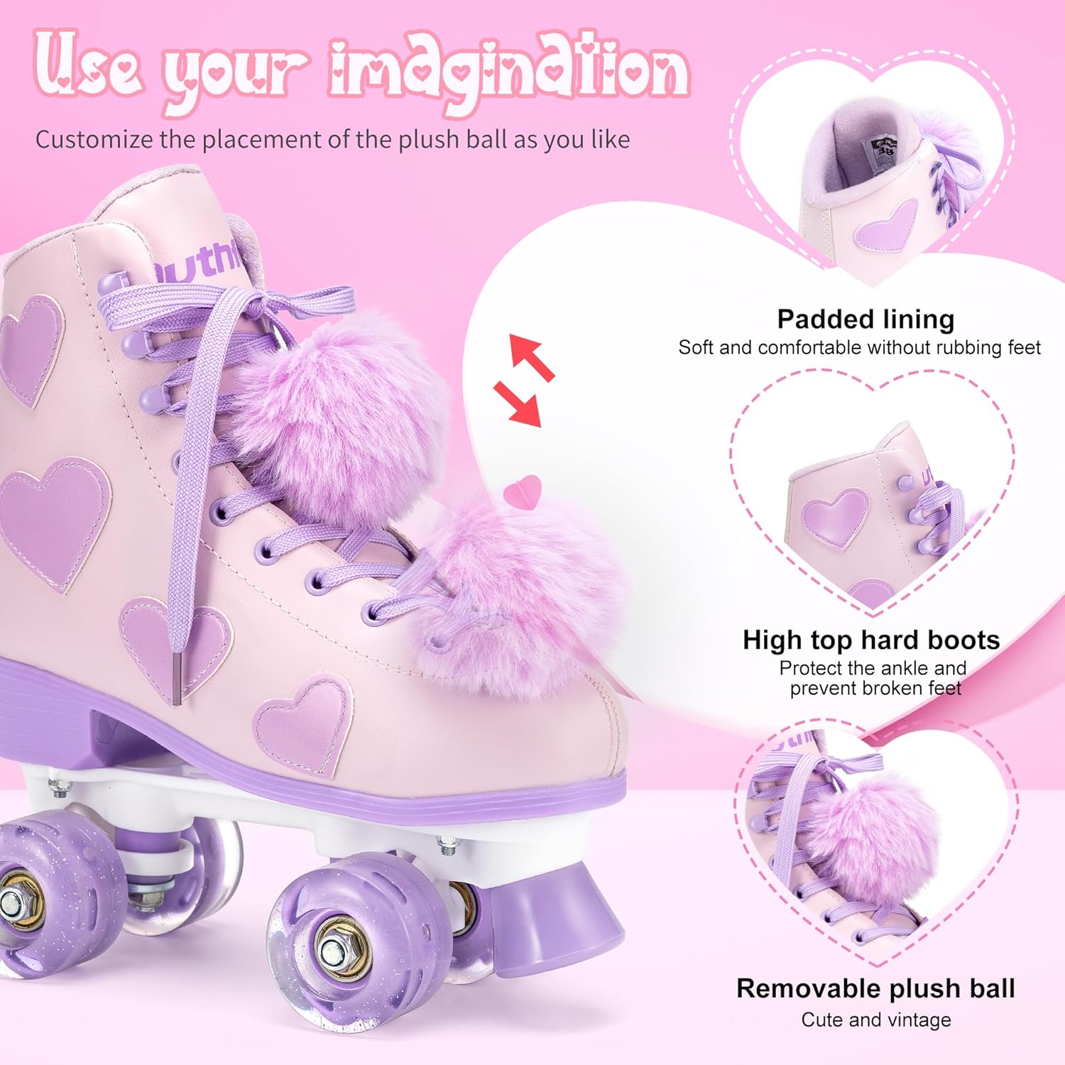 Women's and Girl's Classic Roller Skates with Light up Wheels and Love Heart Pattern, High-top PU Leather Rollerskates…