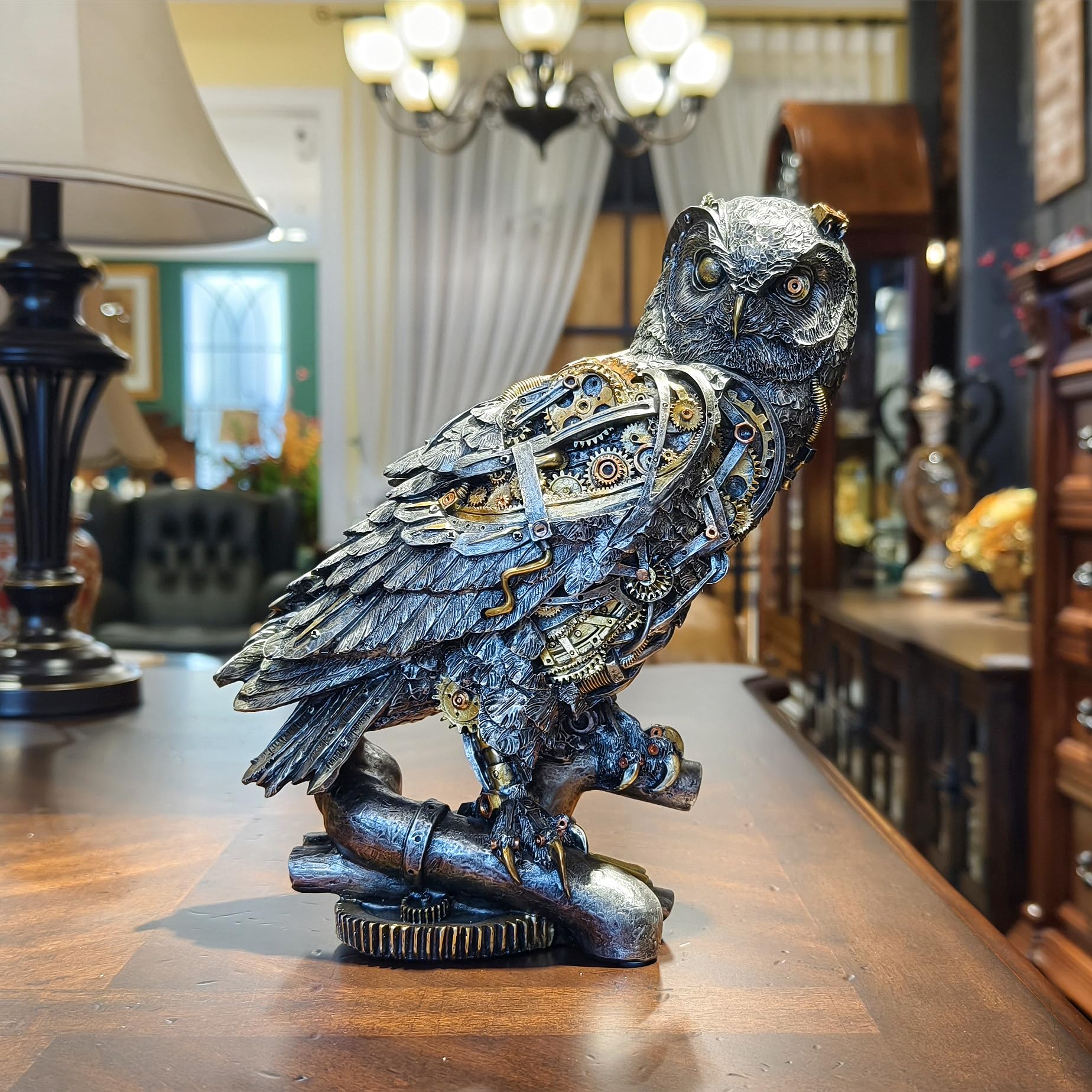 OUTOUR Steampunk Sowa Statua 39 cm H Metaliczny Srebrny Złoty Gotycki Kolekcjonerska Figurka Zwierząt Mądrość Prezent Sowa Rzeźba Dom Biuro Wystrój Salon Blat Wyświetlacz
