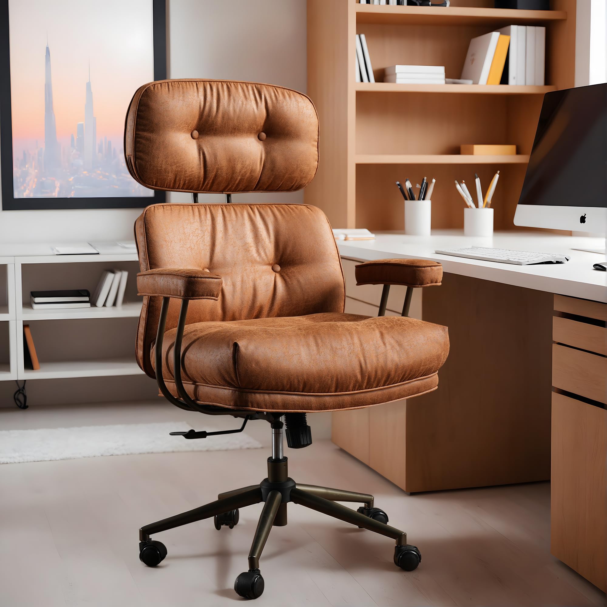 Brown Leather Home Office Chair, Ergonomic High Back Executive Chair with Deep Seat Thick Cushion, Mid Century Modern Big and Tall Computer Desk Chair with Lumbar Support (Light Brown Suede)