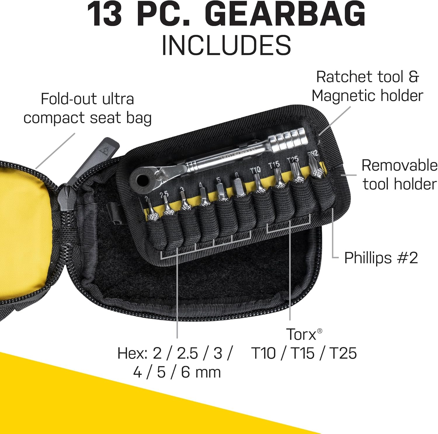 Topeak Elementa GearBag or GearBag EX – Compact Under-Seat Bike Bag with Ratchet Tool Set, 0.3L Storage