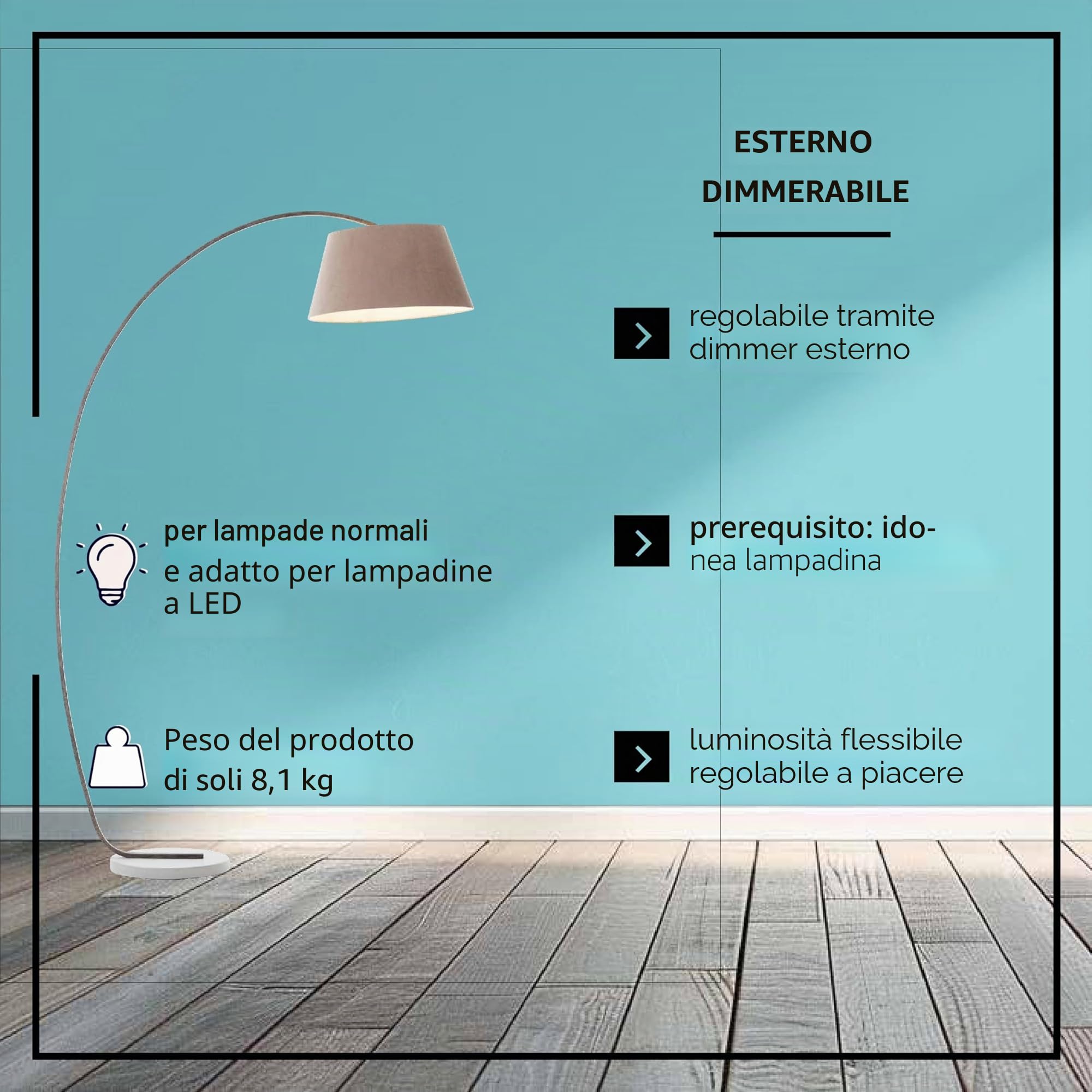 Lightbox Lampada da terra paralume decorativo in tessuto - 196 cm di altezza x 50 cm di larghezza - lampada da terra ad arco con interruttore a pedale e testa girevole - attacco E27 - in