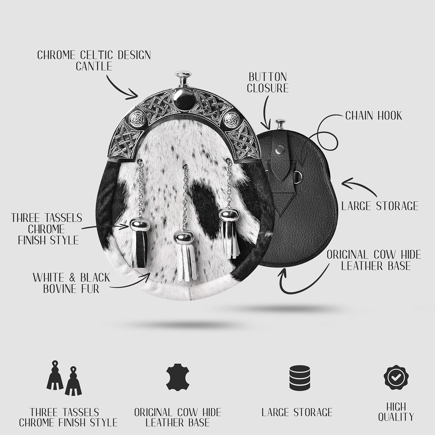 HIGHLAND REDSTONE Sporran Kilt for Men Premium Leather Quality Scottish Bovine Sporran with Chain Belt Kilt Accessories