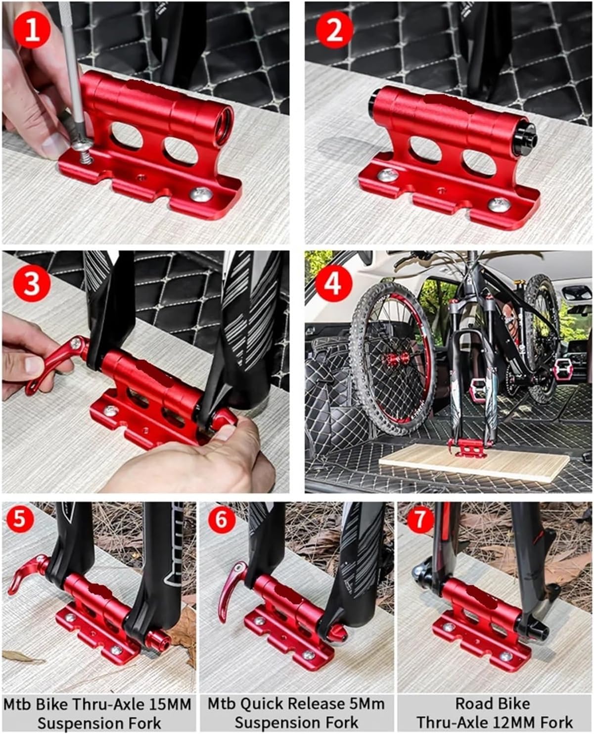 MTB Road Bike Parking Holder Rack Quick Install Accessories Aluminum Alloy Front Fork Rear Wheel Luggage Bracket Fixed for Roof, Chassis(Red Rear)