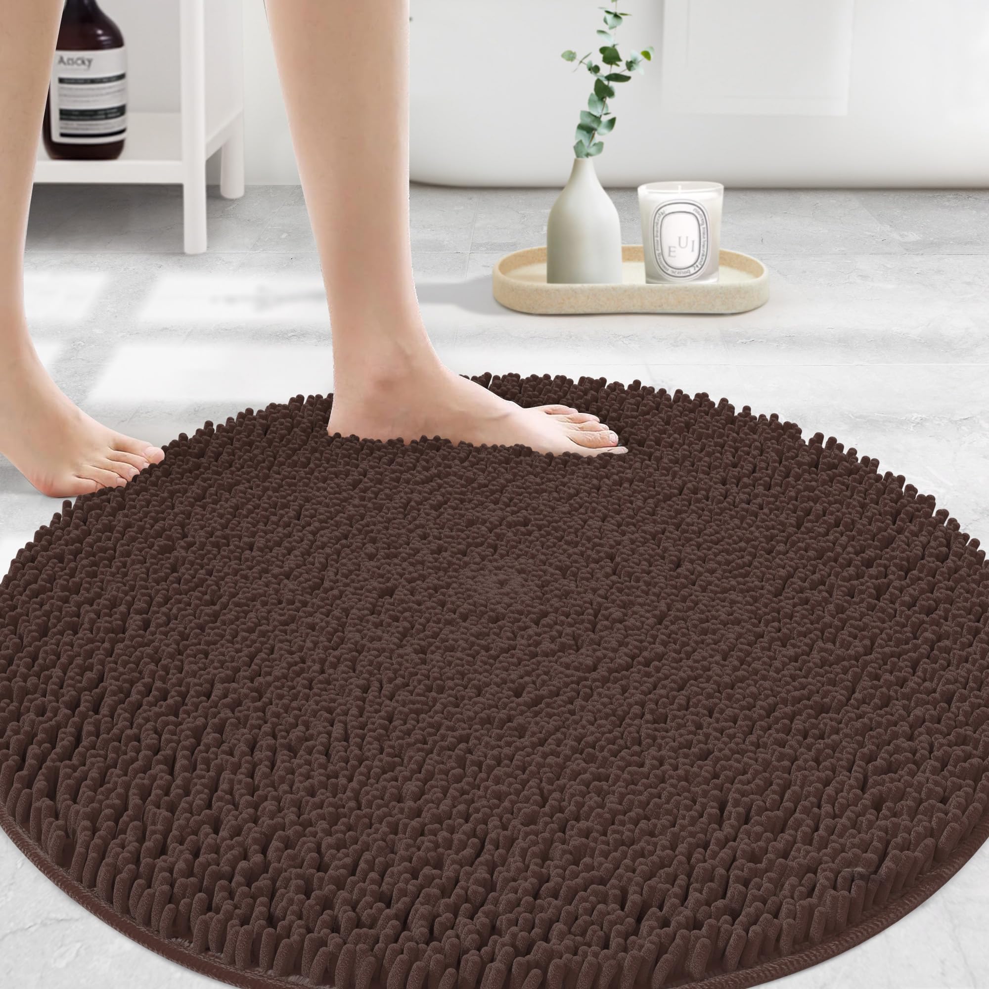 MAYSHINE Round Area Rug Set for Bathroom | Soft Plush Chenille Bath Mat, Water Absorbent Non-Slip Bathroom Rug | Washable Shag Carpet for Shower, Bedroom, or Home Décor | 36"x36" (Round) | Brown