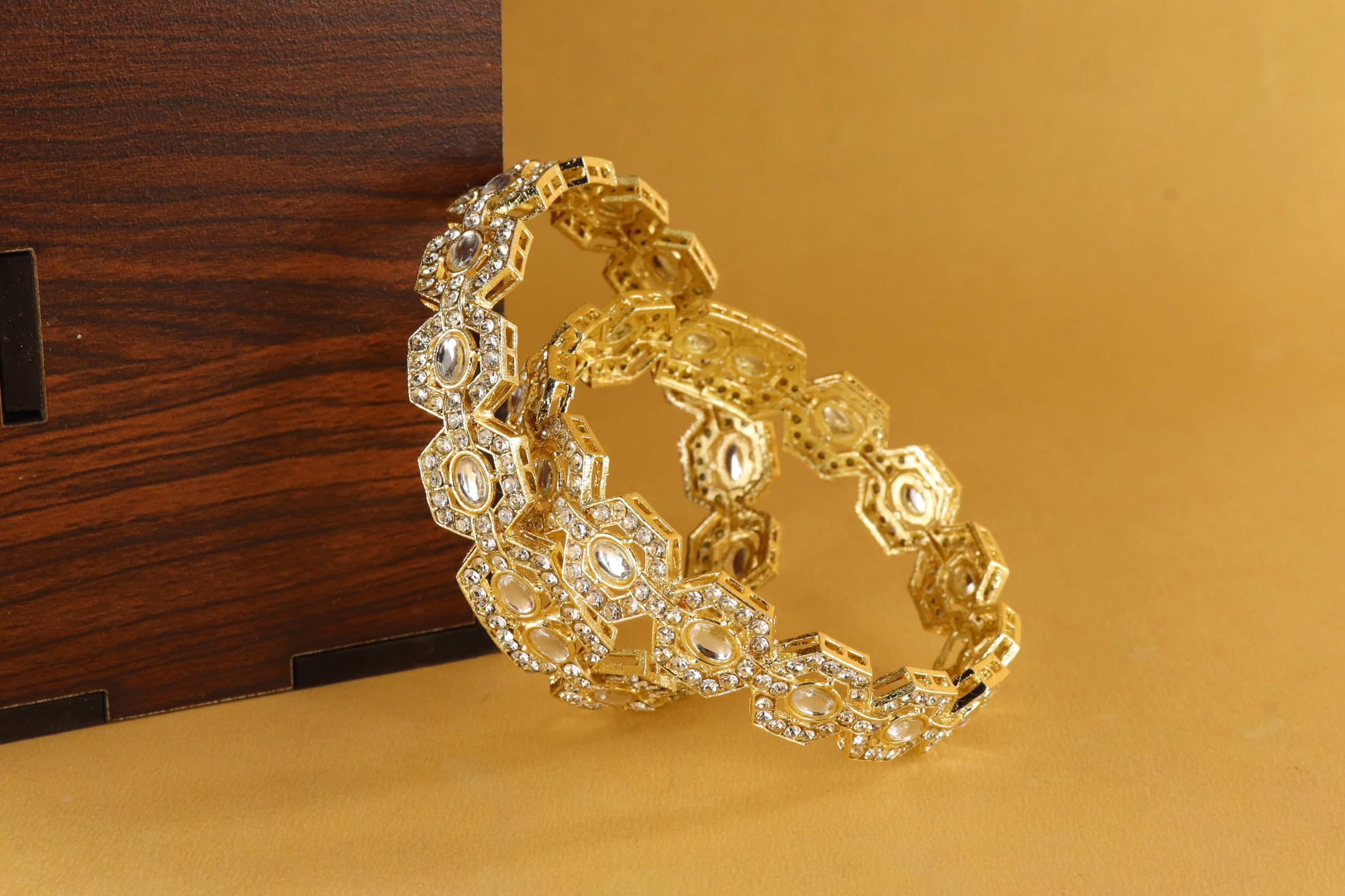 NMII Designer Gold Metal Bangles Set For Women & Girls Adorned with Zircon Diamonds | Girls' Bangles Bracelet | Chuda Kada Stylish | AD Kada | Bridal Bangles | Fashion Jewellery-(MAH122-Gold-2.8) 1