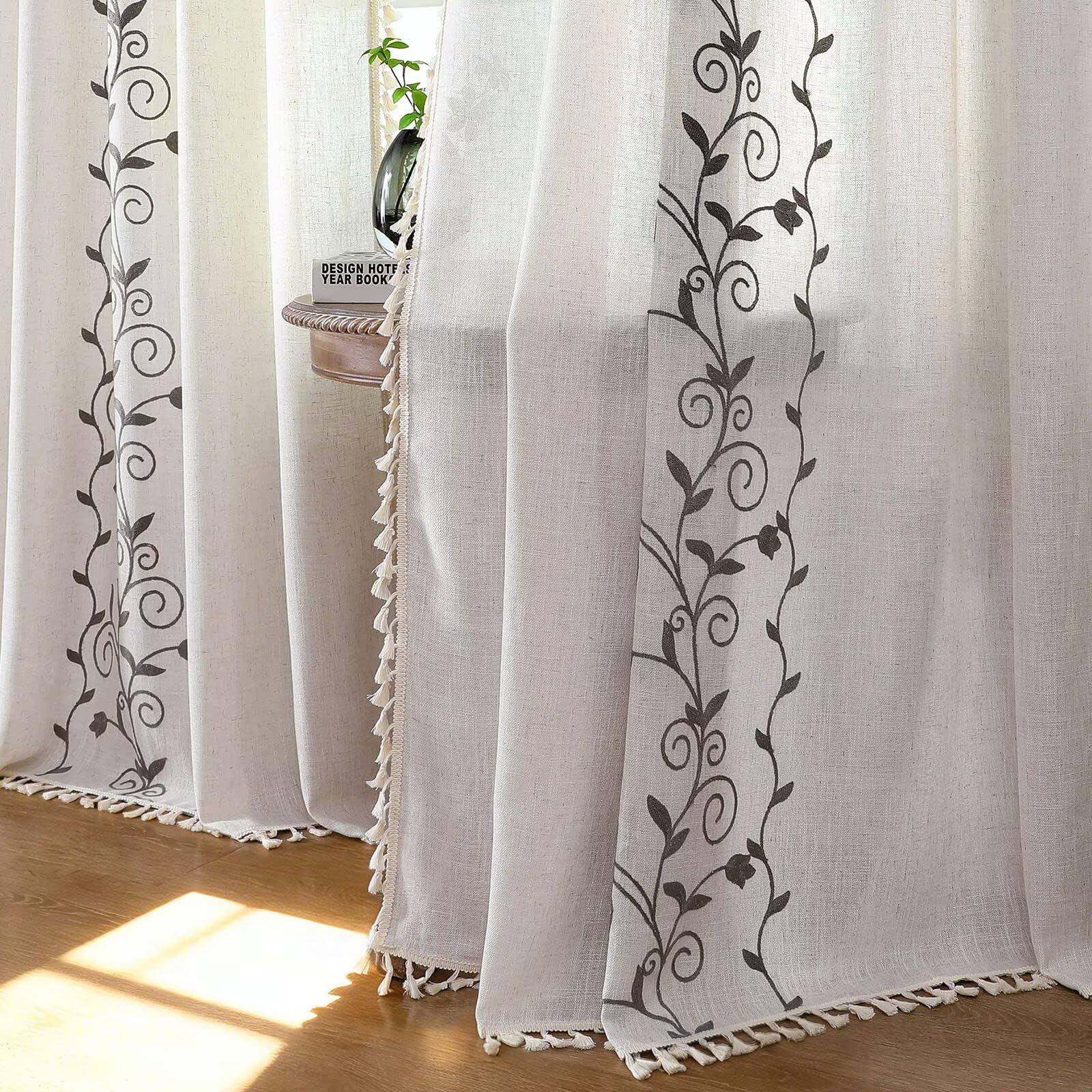 Gold Embroidered Curtains - Vintage Floral Drapes -12