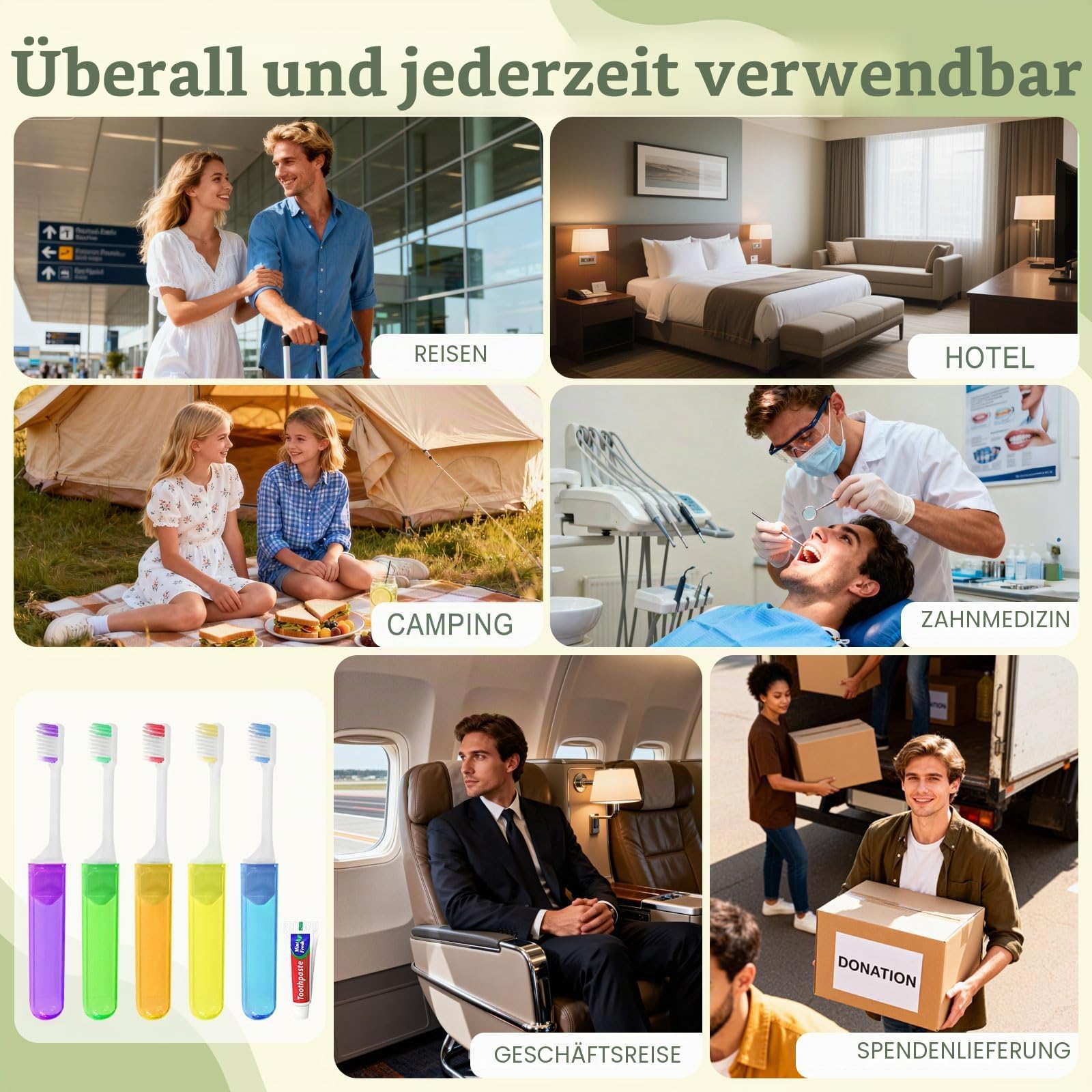 Reisezahnbürste, einzeln verpackt, 5 Farben, faltbare Aufbewahrung, Reisezahnbürsten-Set, geeignet für Camping, Hotels (100er-Pack)