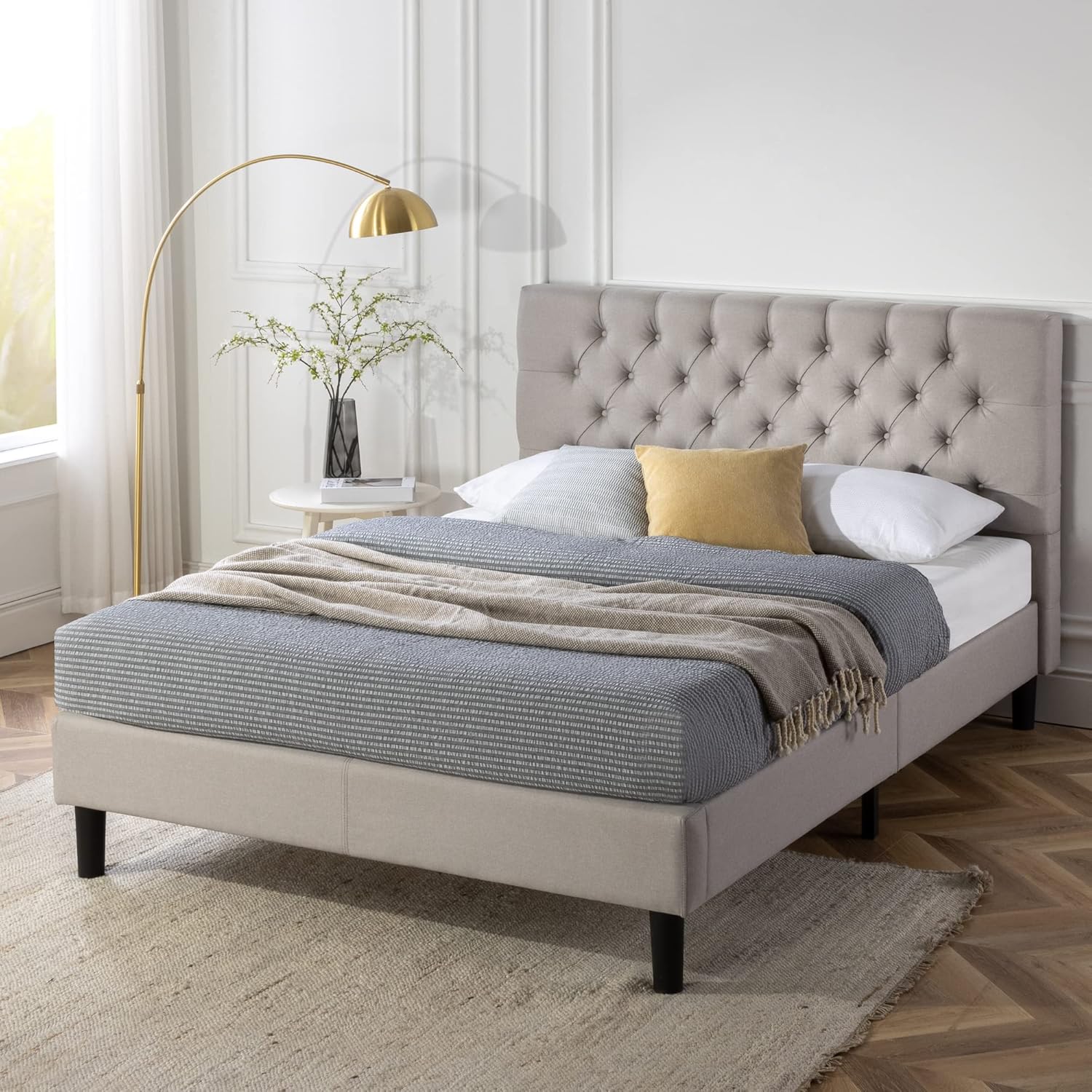 Zinus Queen Bed Frame Misty Bed Mattress Base, Light Grey Upholstered