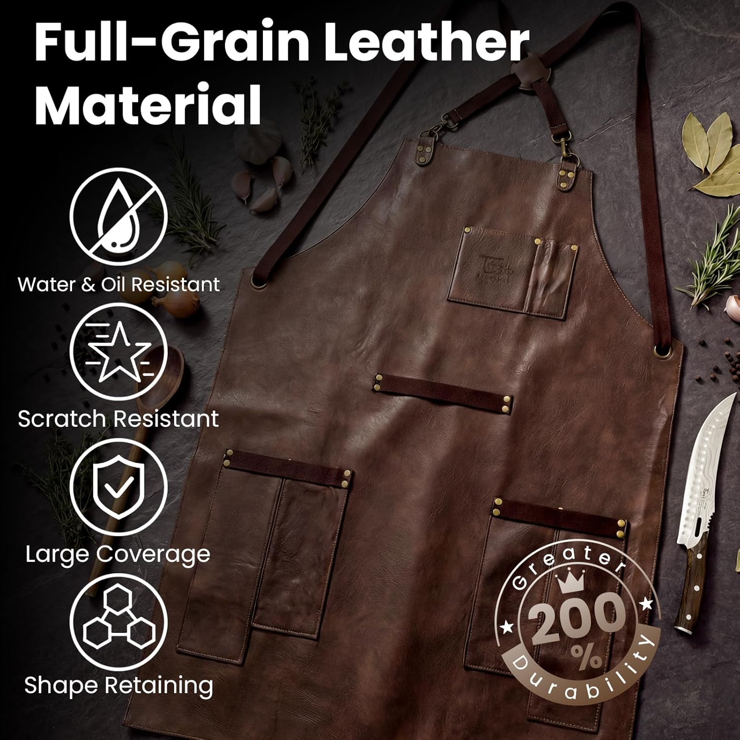 Leather Chef Cooking Apron for Men, Cross Back Apron for All-Day Comfort, Waterproof Apron with Multiple Pockets, Great for Kitchen, Garden, BBQ, Butcher Work or Crafts, Ideal Gift