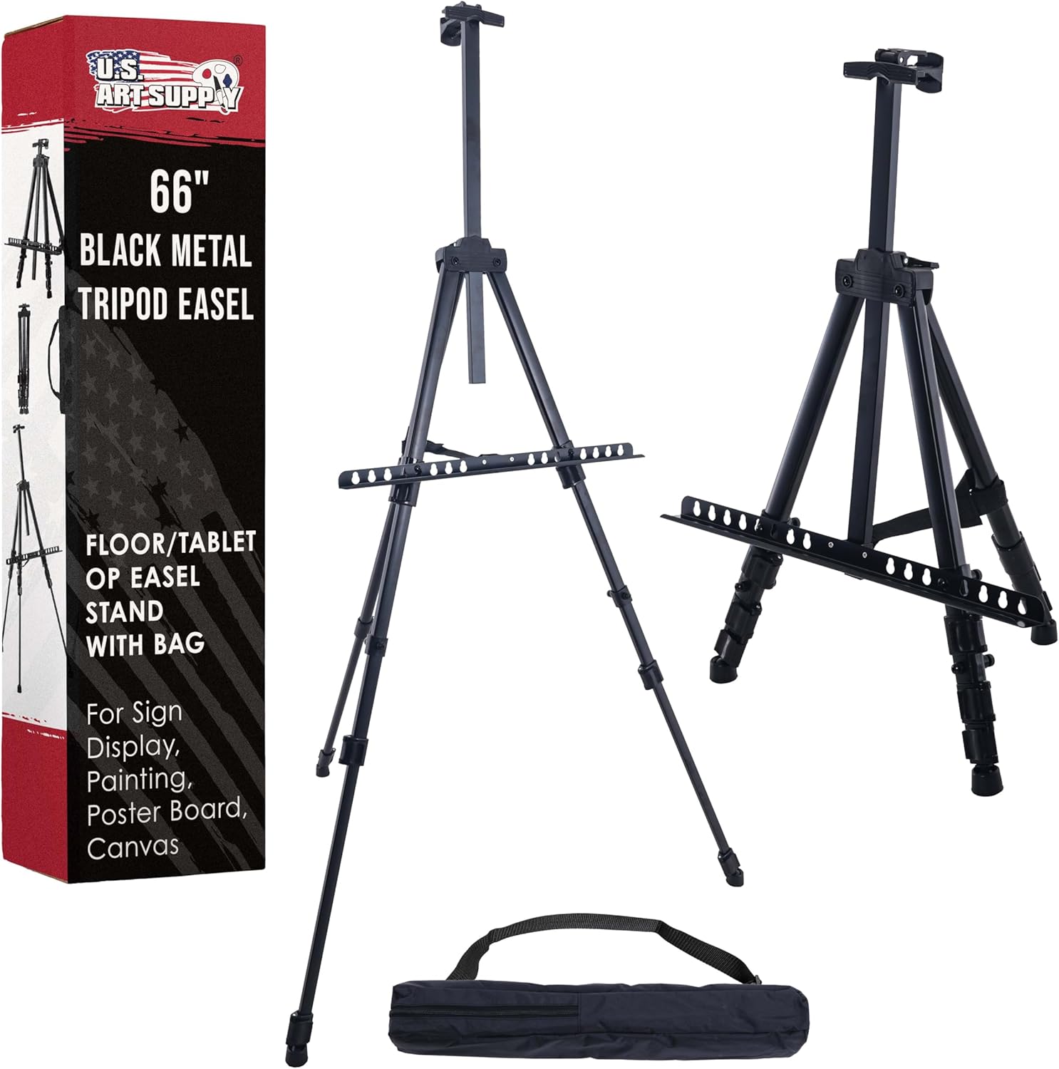 U.S. Art Supply 66" Black Metal Tripod Easel Display (10 Pack) - Adjustable 20"- 5.5', Holds 32" Canvas - Floor/Tabletop Easel Stand, for Sign Display, Painting, Poster Board, Canvas - Portable Bag