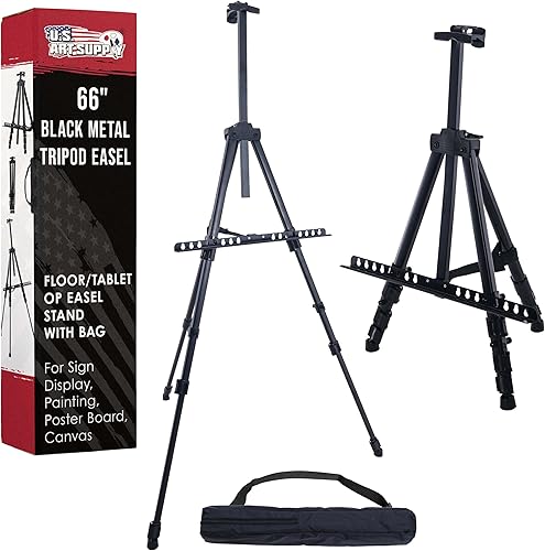 U.S. Art Supply Caballete de trípode de metal negro de 66 pulgadas, ajustable de 20 a 5.5 pies, con capacidad para lienzo de 32 pulgadas, soporte de