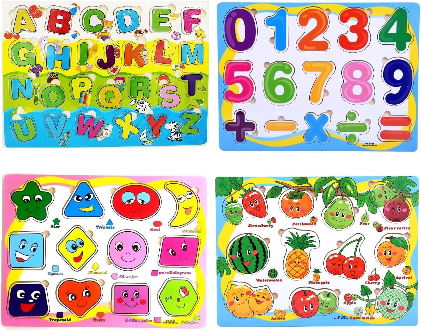 UJIE® Wooden Learning Puzzle Boards Learn Shapes, Numbers, Alphabets and Fruits (Multi-Color, Set of 4)