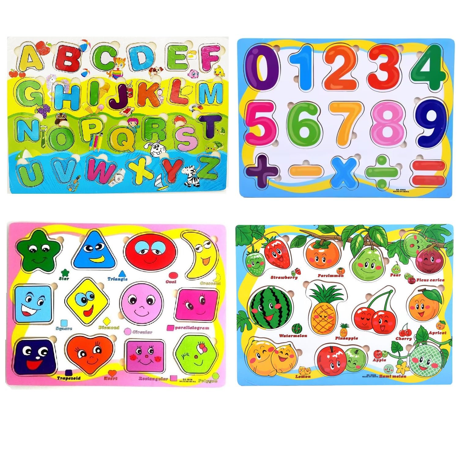 UJIE® Wooden Learning Puzzle Boards Learn Shapes, Numbers, Alphabets and Fruits (Multi-Color, Set of 4)