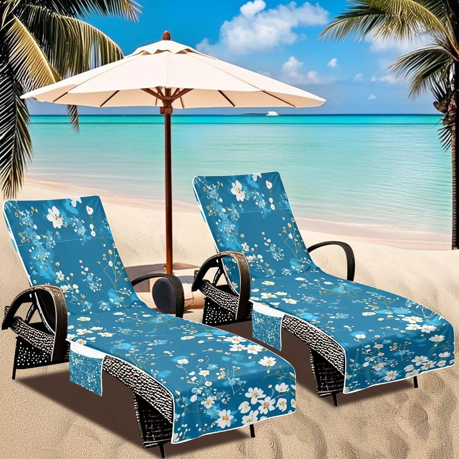 Blue and White Oil Painting Flowers Patio Lounge Chair Covers Waterproof Outdoor Chaise Lounge Cover with Pockets for Outdoor Sunbathing Trips, 85" X 30"
