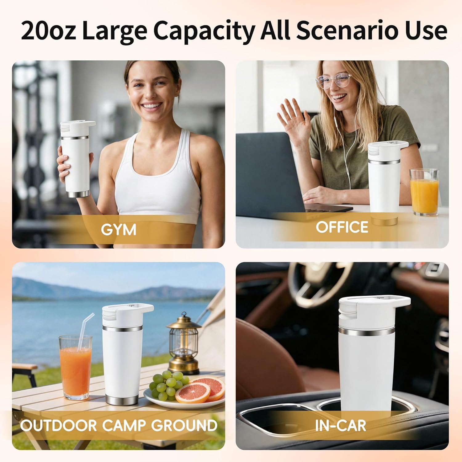 Portable Personal Blender 20oz Vacuum Cup Cordless Blende for 120 Watt Rechargeable Personal Size blender With Stainless Steel Bottle Ideal For-Shakes and Smoothies, BPA Free (White）