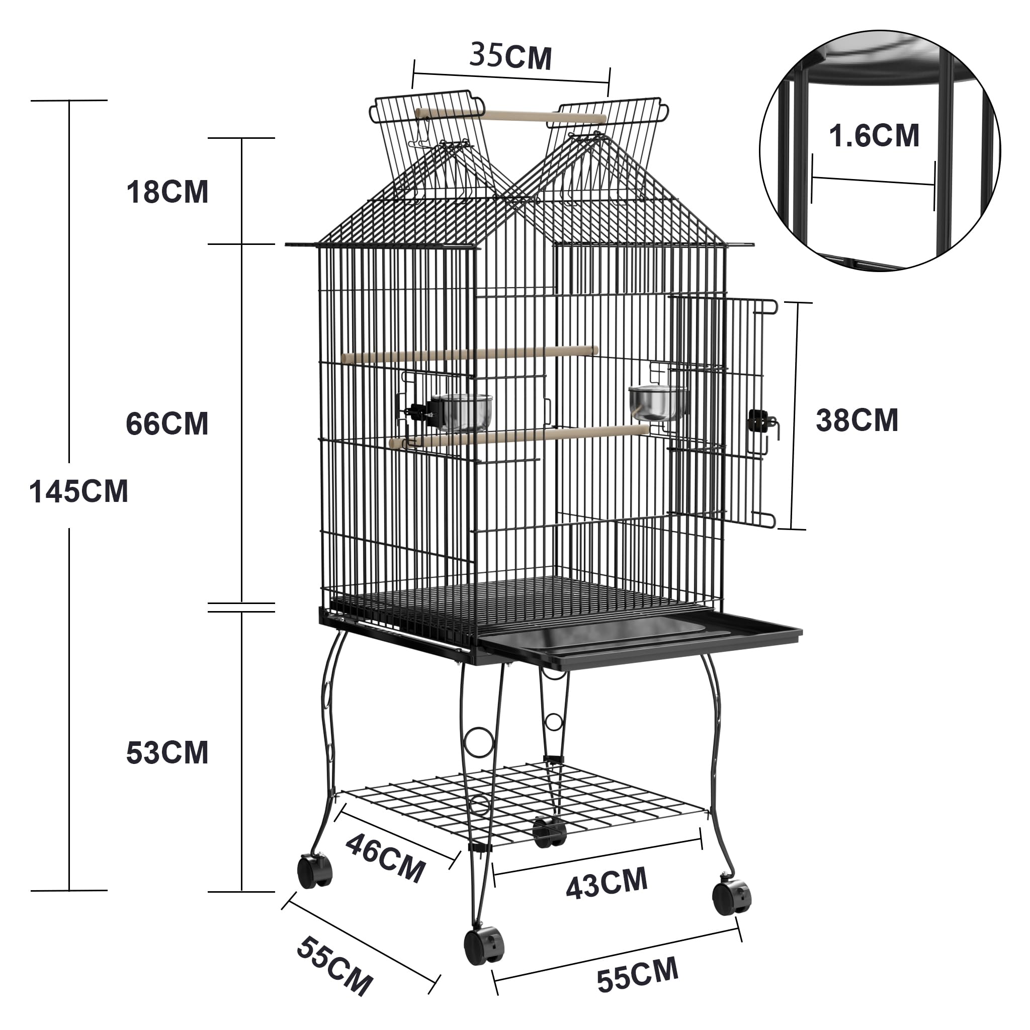 SUBTLETY Metall Vogelkäfige 55x55x145cm Wellensittich Käfig mit Ausruhen Holzstab Nymphensittiche Vogelbauer Tragbare Vogelvoliere mit Dachfenster, Tür, Futtertrog, Herausnehmbares Tablett & Rollen